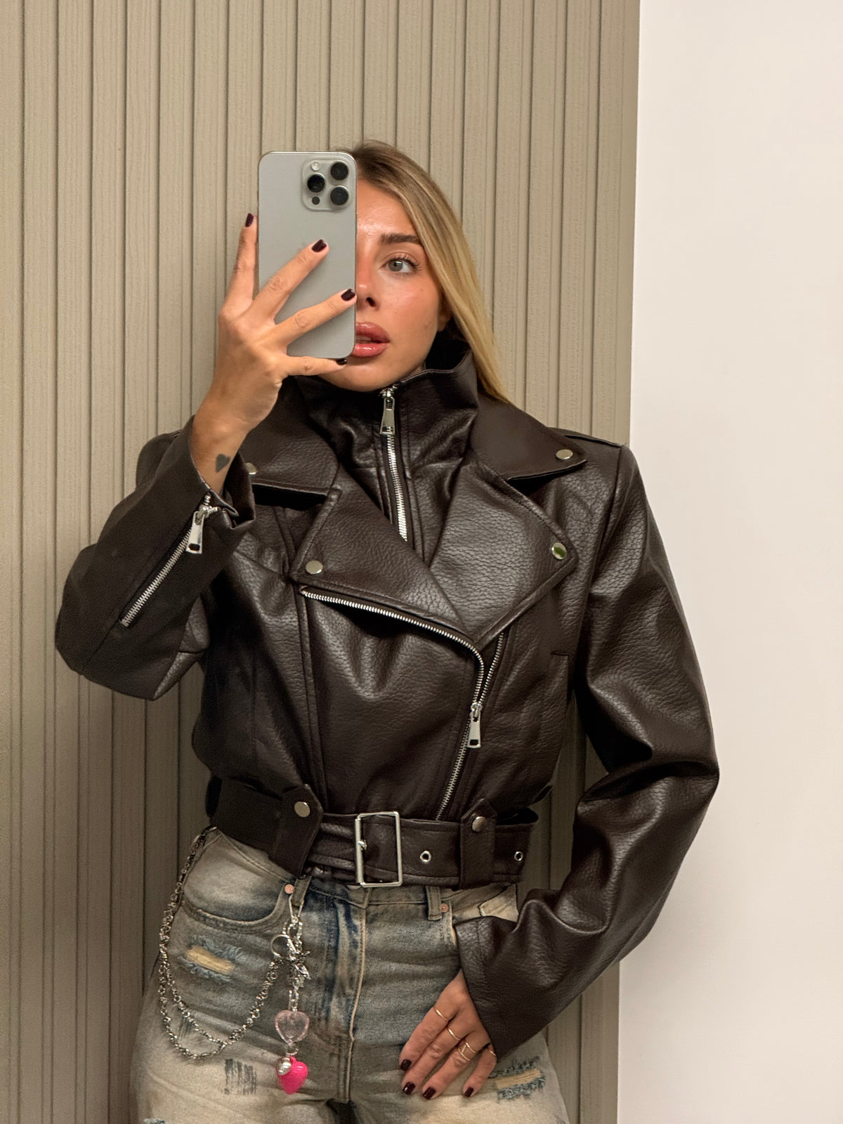 CHIODO ECOPELLE DOPPIA ZIP MARRONE