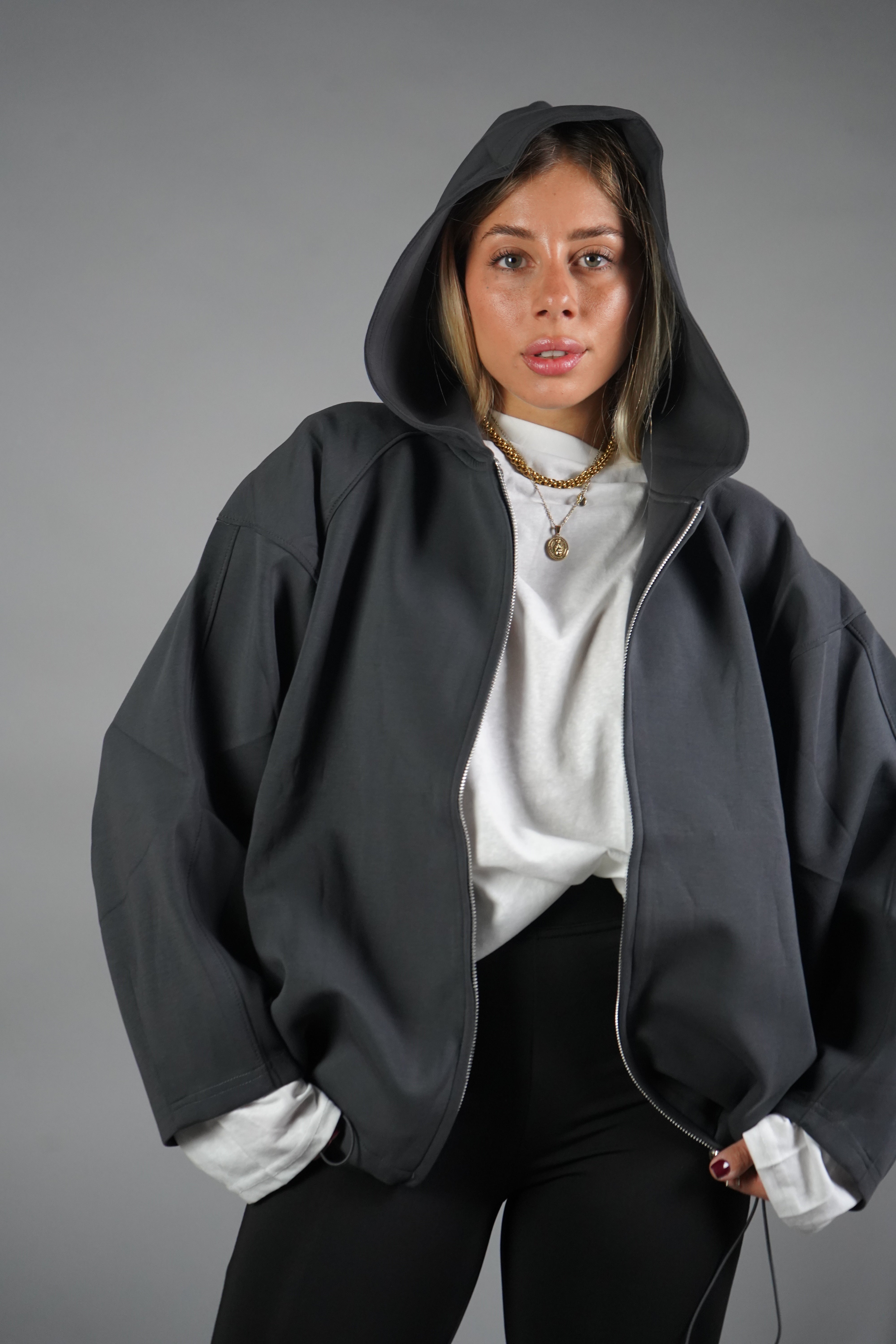 FELPA OVER ZIP GRIGIA