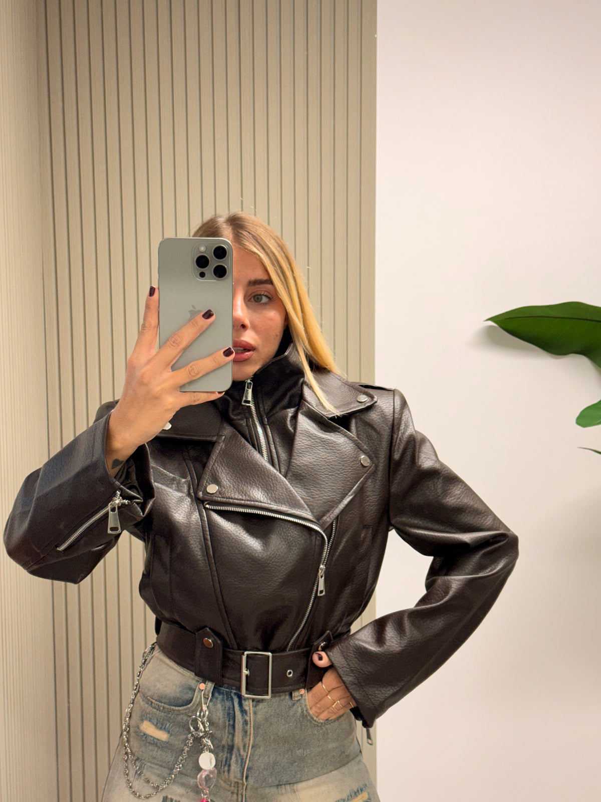 CHIODO ECOPELLE DOPPIA ZIP MARRONE