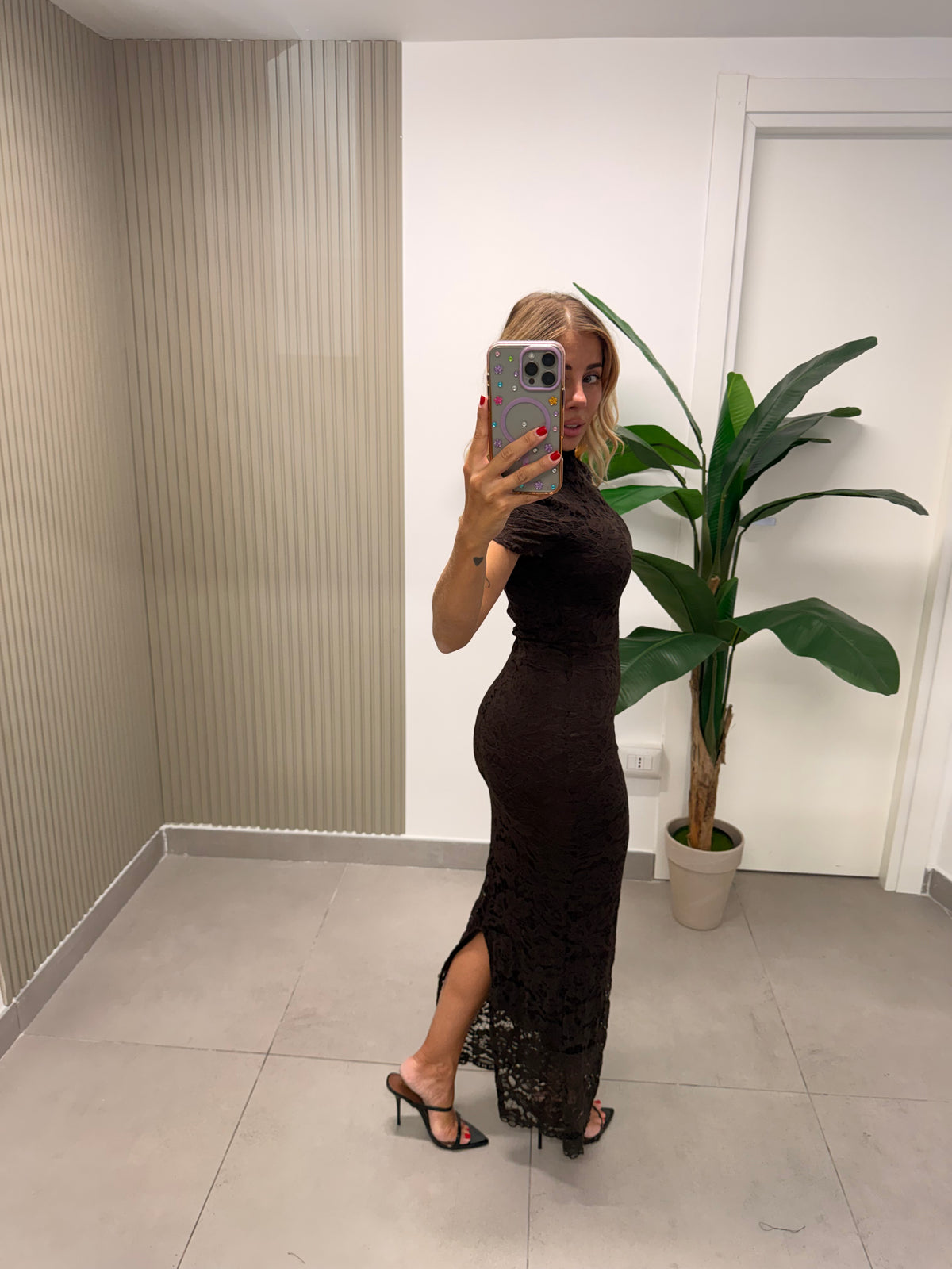 LONG DRESS PIZZO ROMANTICO MARRONE