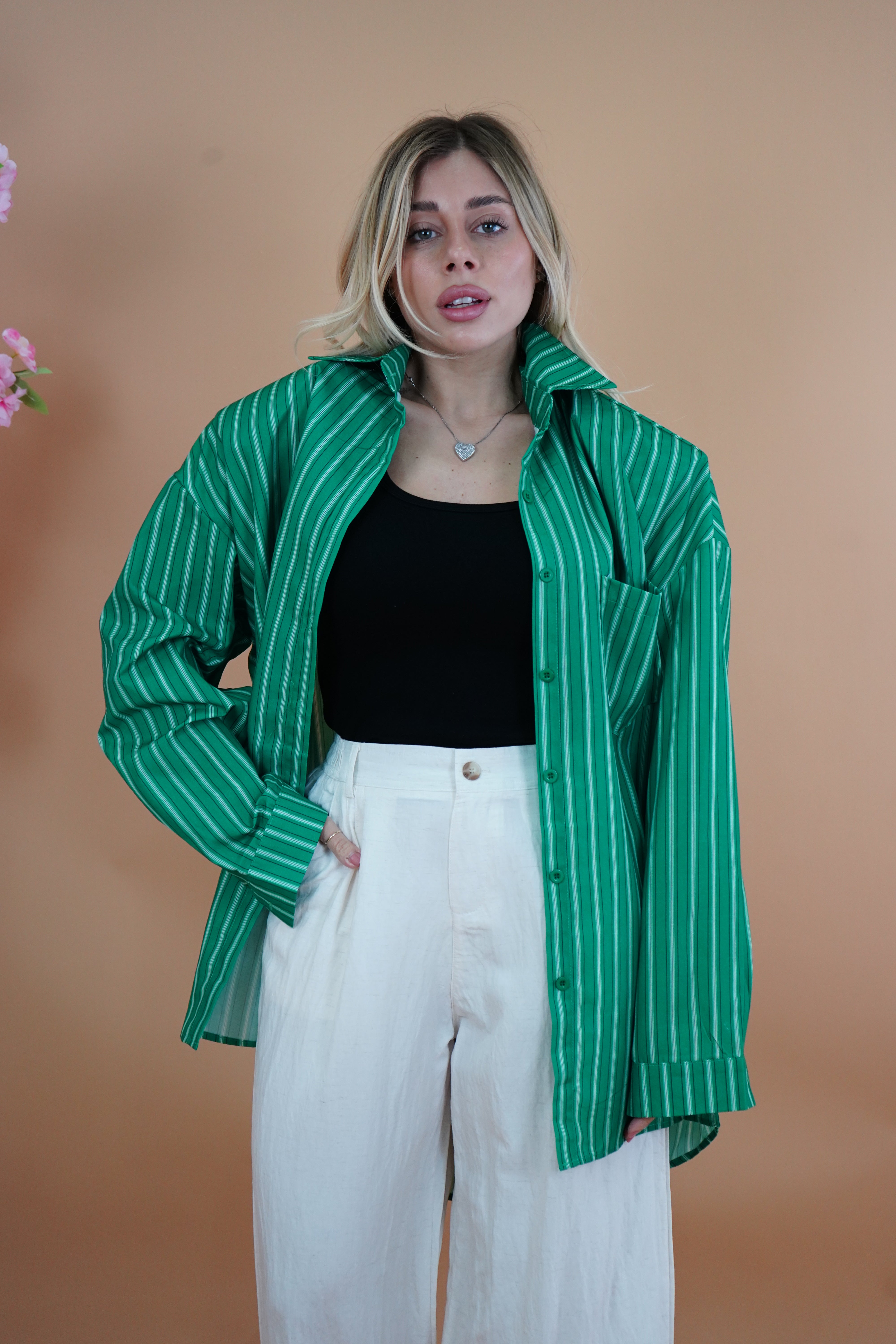 CAMICIA RIGHE CON SPALLINE VERDE
