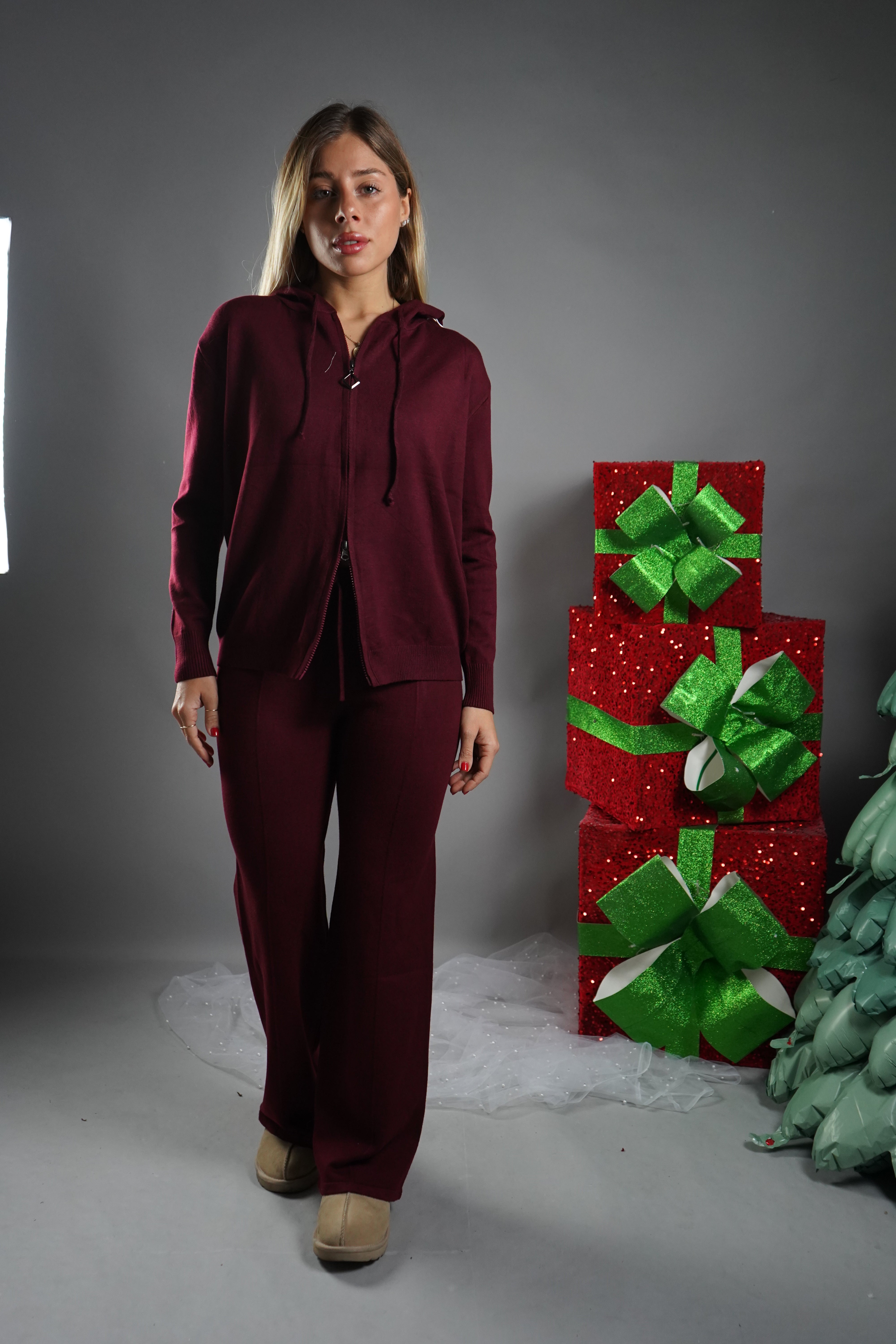 COORDINATO LANA RASATA DOPPIA ZIP BORDEAUX