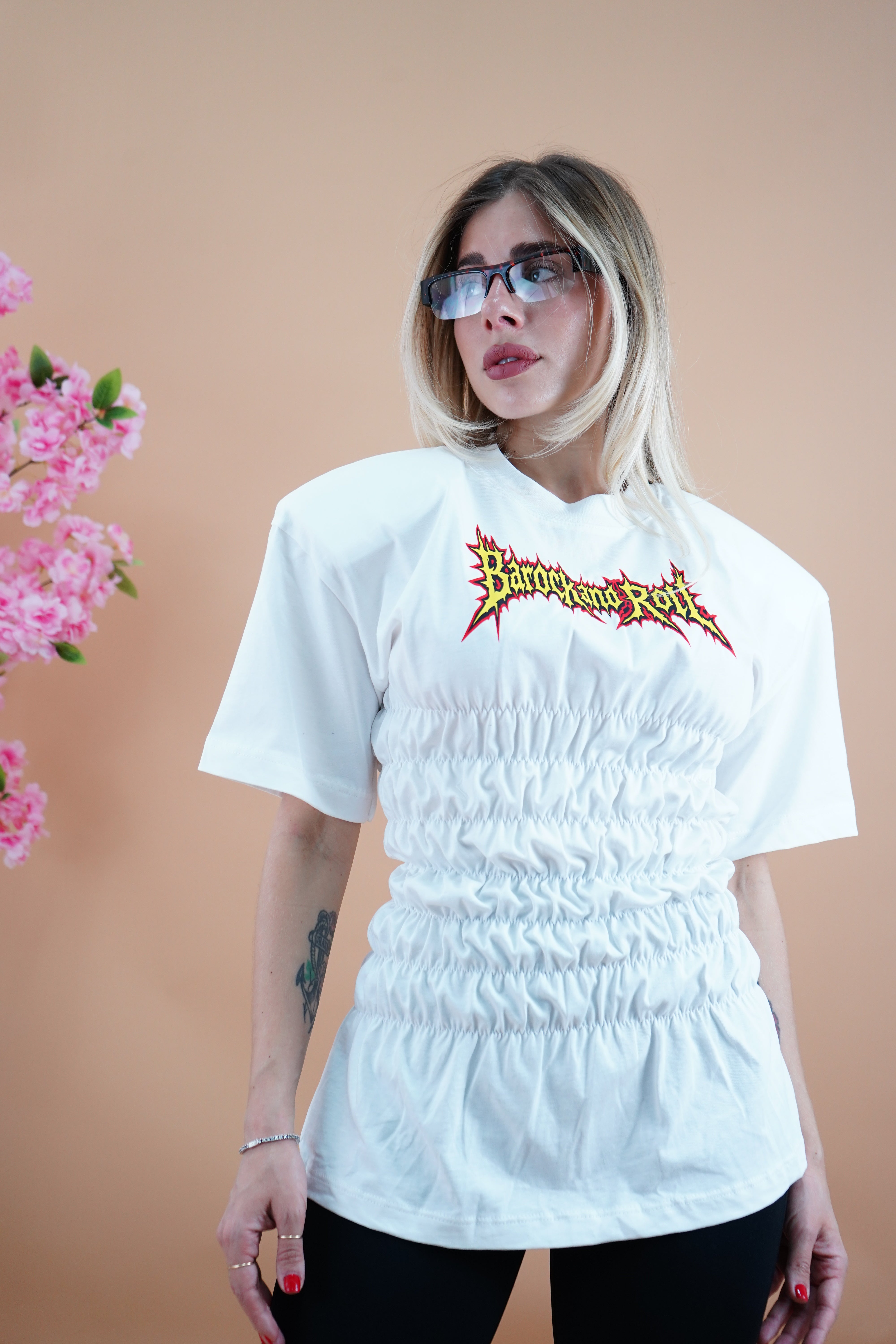 T-SHIRT ROCK ARRICCIATA BIANCA E GIALLA