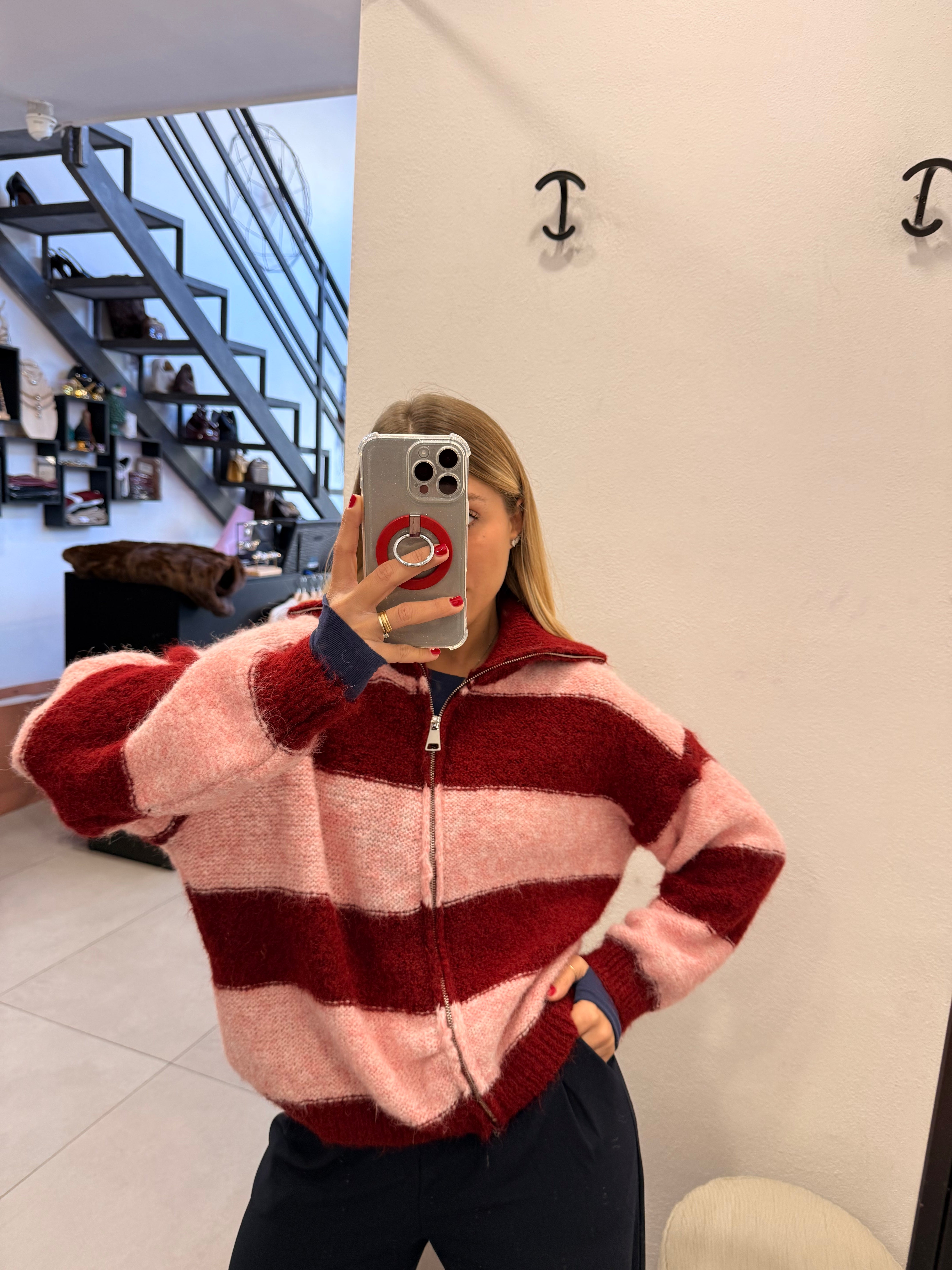 CARDIGAN RIGHE ROSA E BORDEAUX