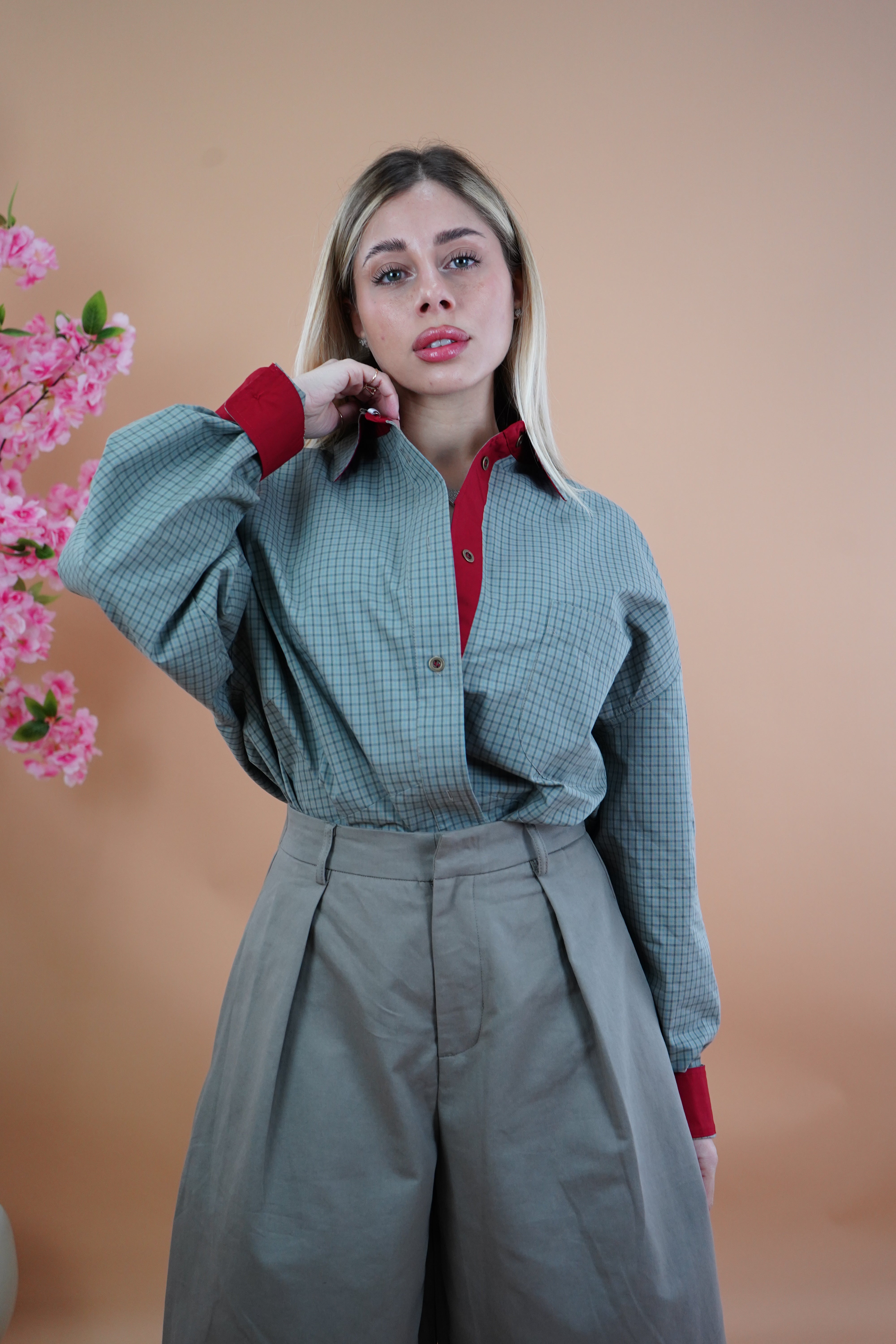 CAMICIA QUADRI FANGO CON RISVOLTO BORDEAUX