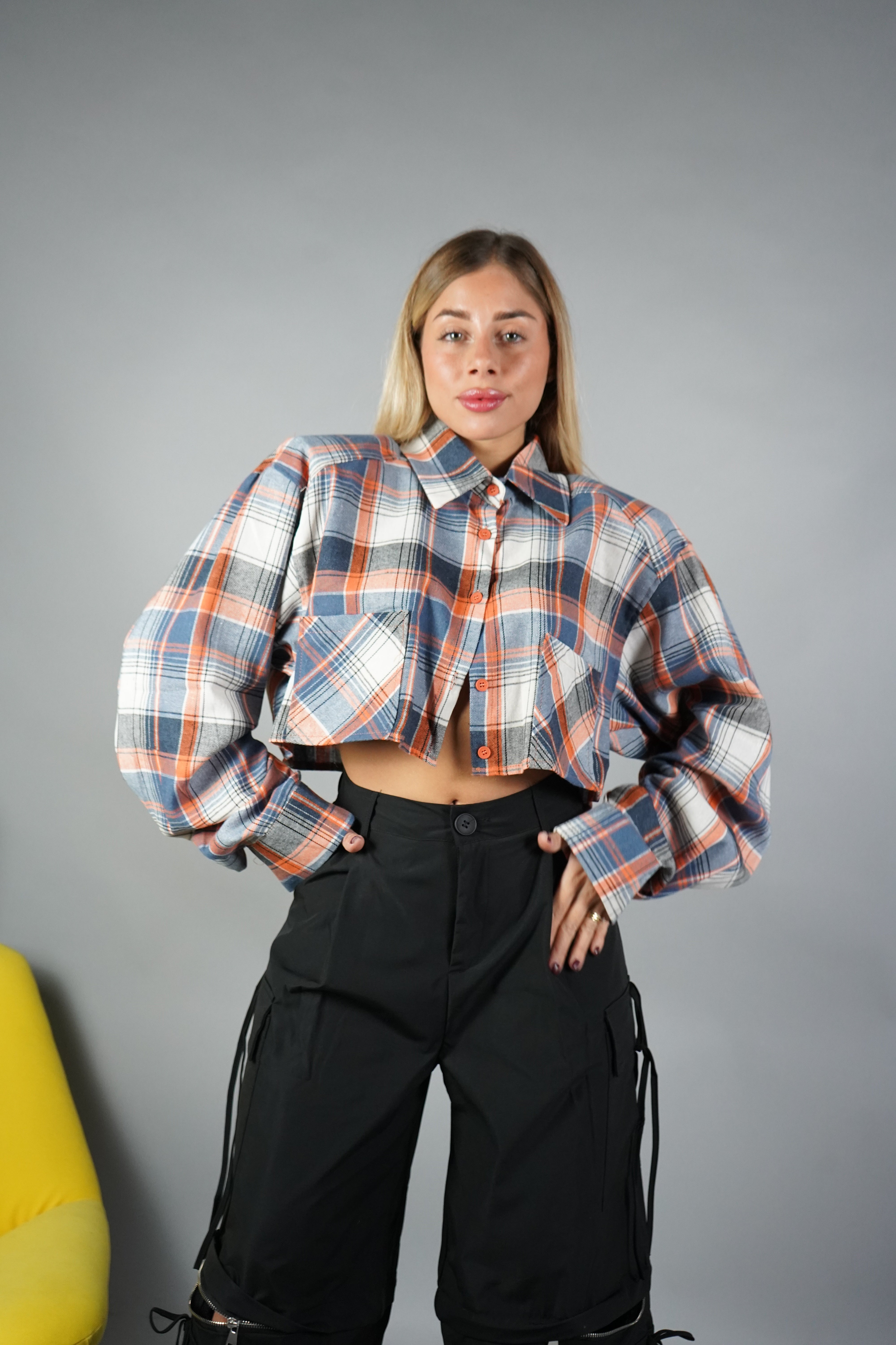 CAMICIA CROP FLANELLA QUADRI ARANCIONE