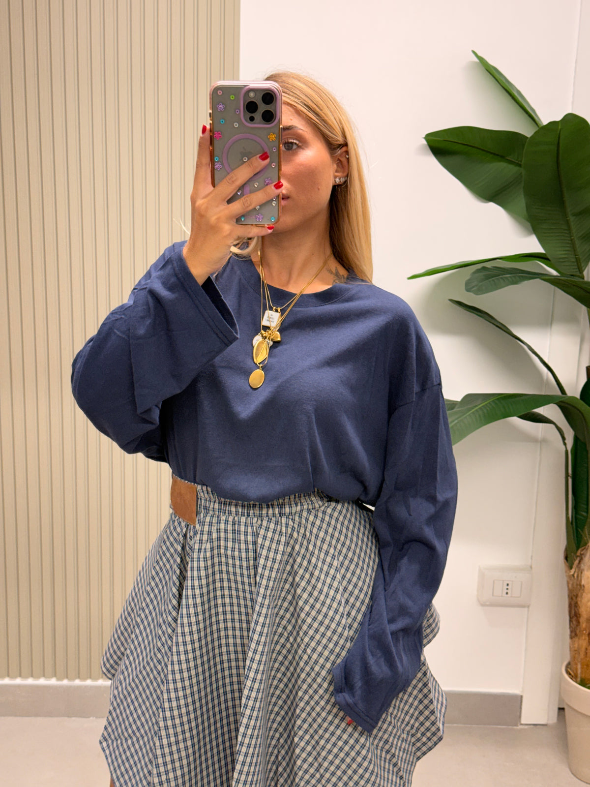 T-SHIRT LONG SLEVEE BLU SEMIVELATA