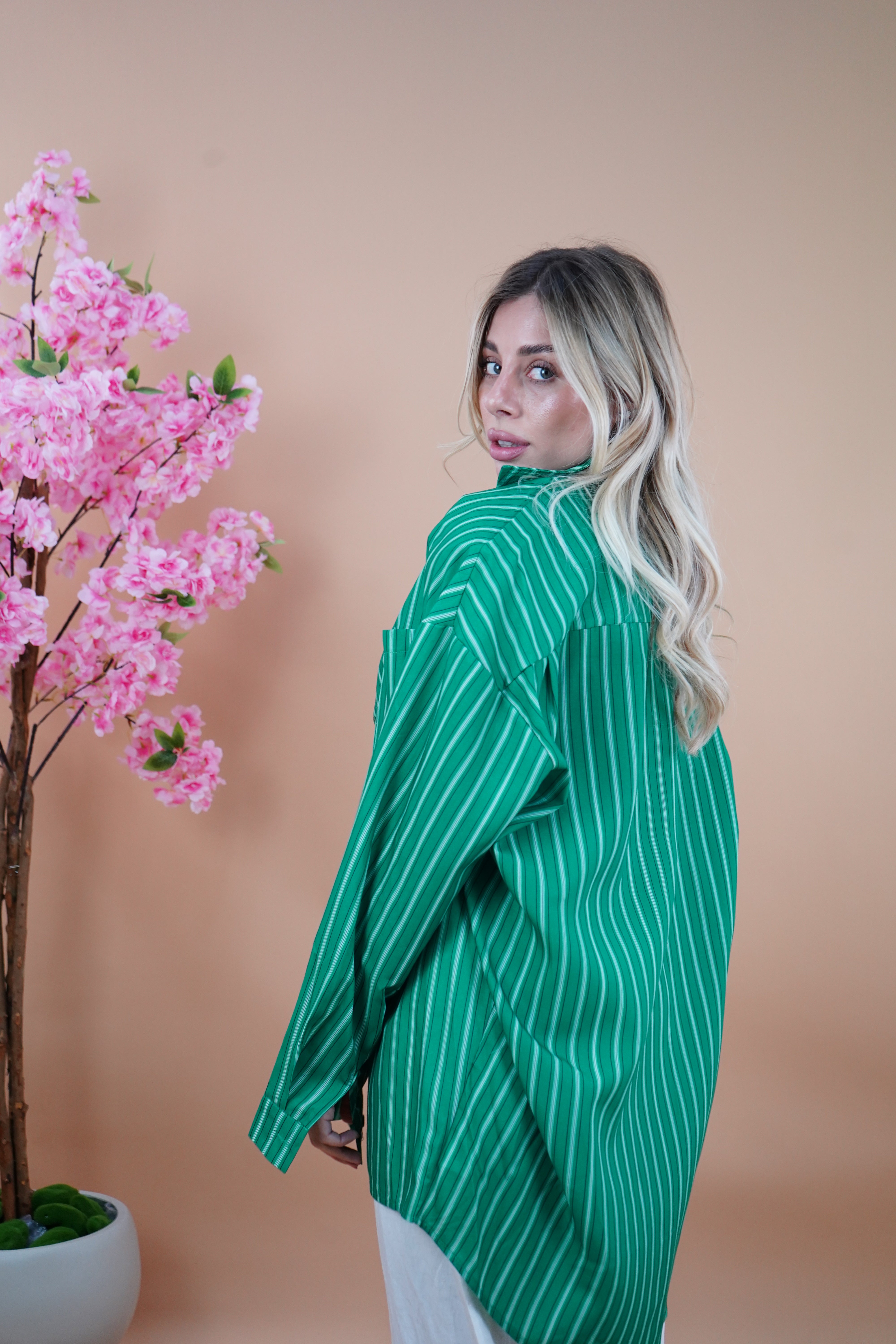 CAMICIA RIGHE CON SPALLINE VERDE