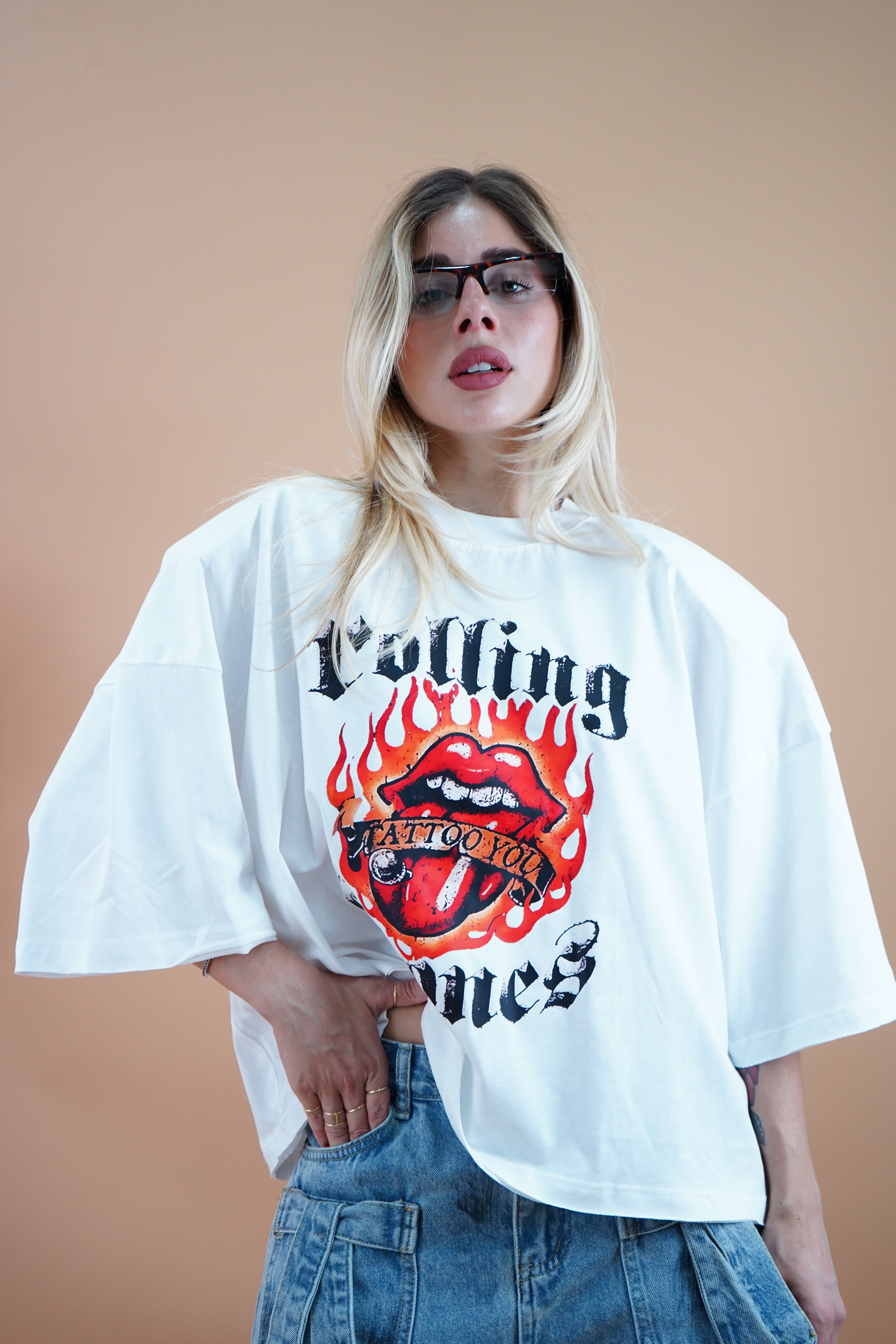 T-SHIRT ROCK BOXY ROLLING STONES BIANCA
