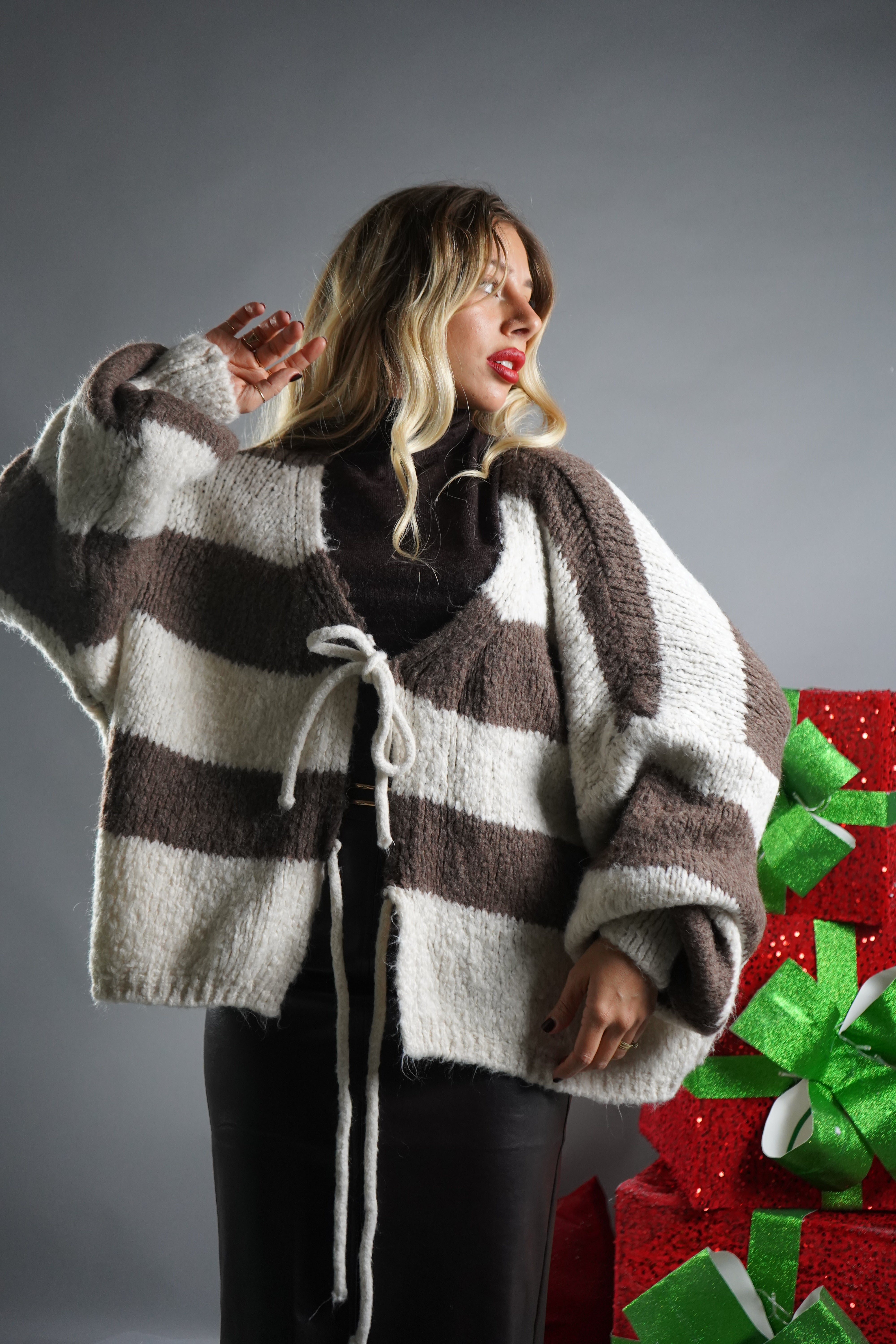 CARDIGAN FIOCCO PANNA E MARRONE