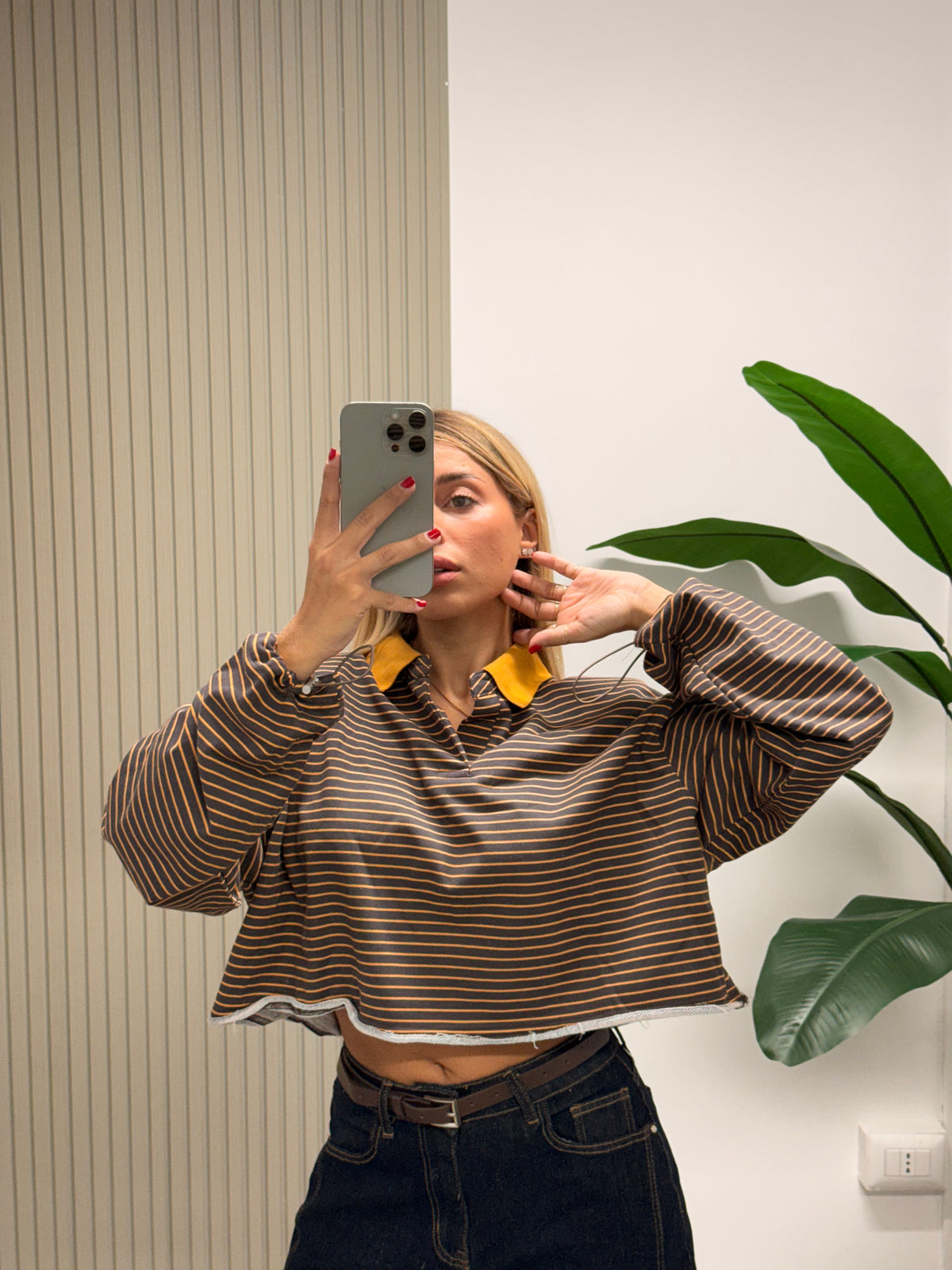 POLO CROP RIGHE GRIGIO/ARANCIO