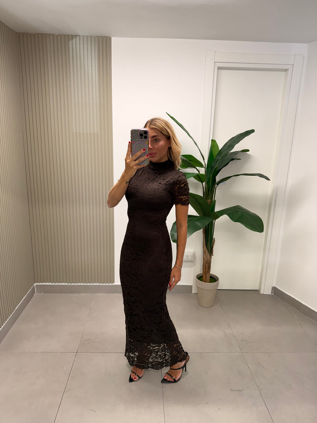 LONG DRESS PIZZO ROMANTICO MARRONE