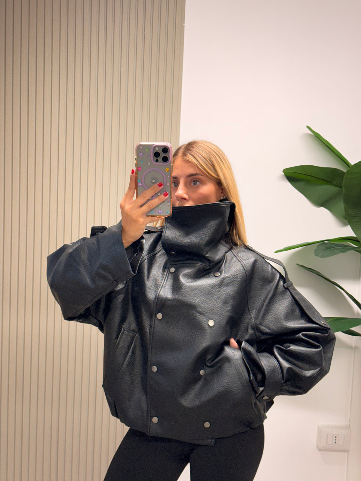 BOMBER COLLO ALTO ECOPELLE NERO