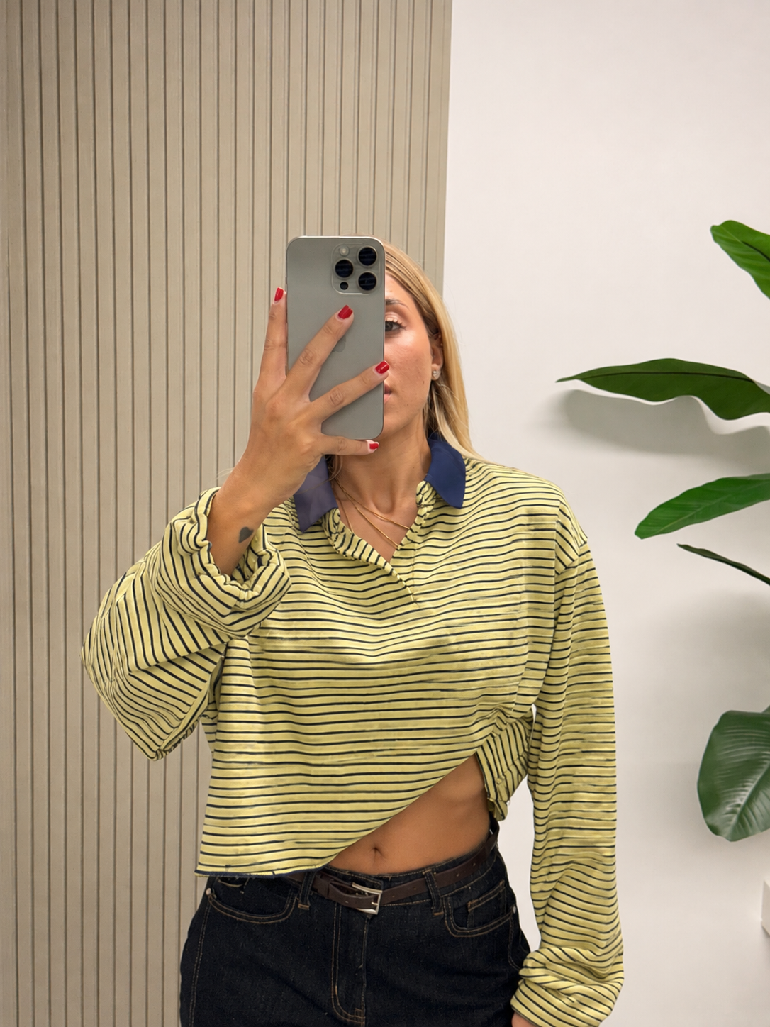 POLO CROP RIGHE LIME/BLU