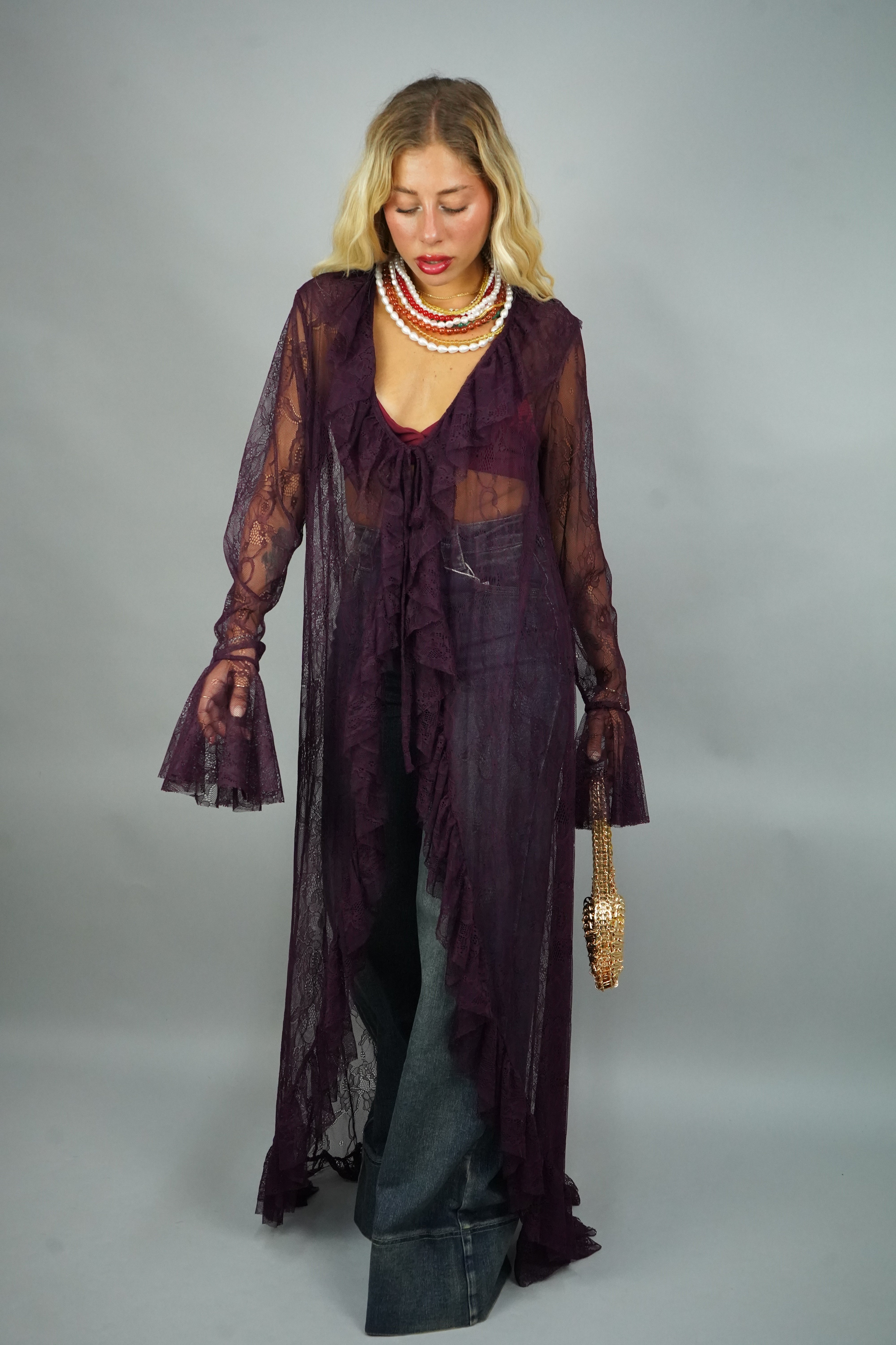 KIMONO IN PIZZO BORDEAUX