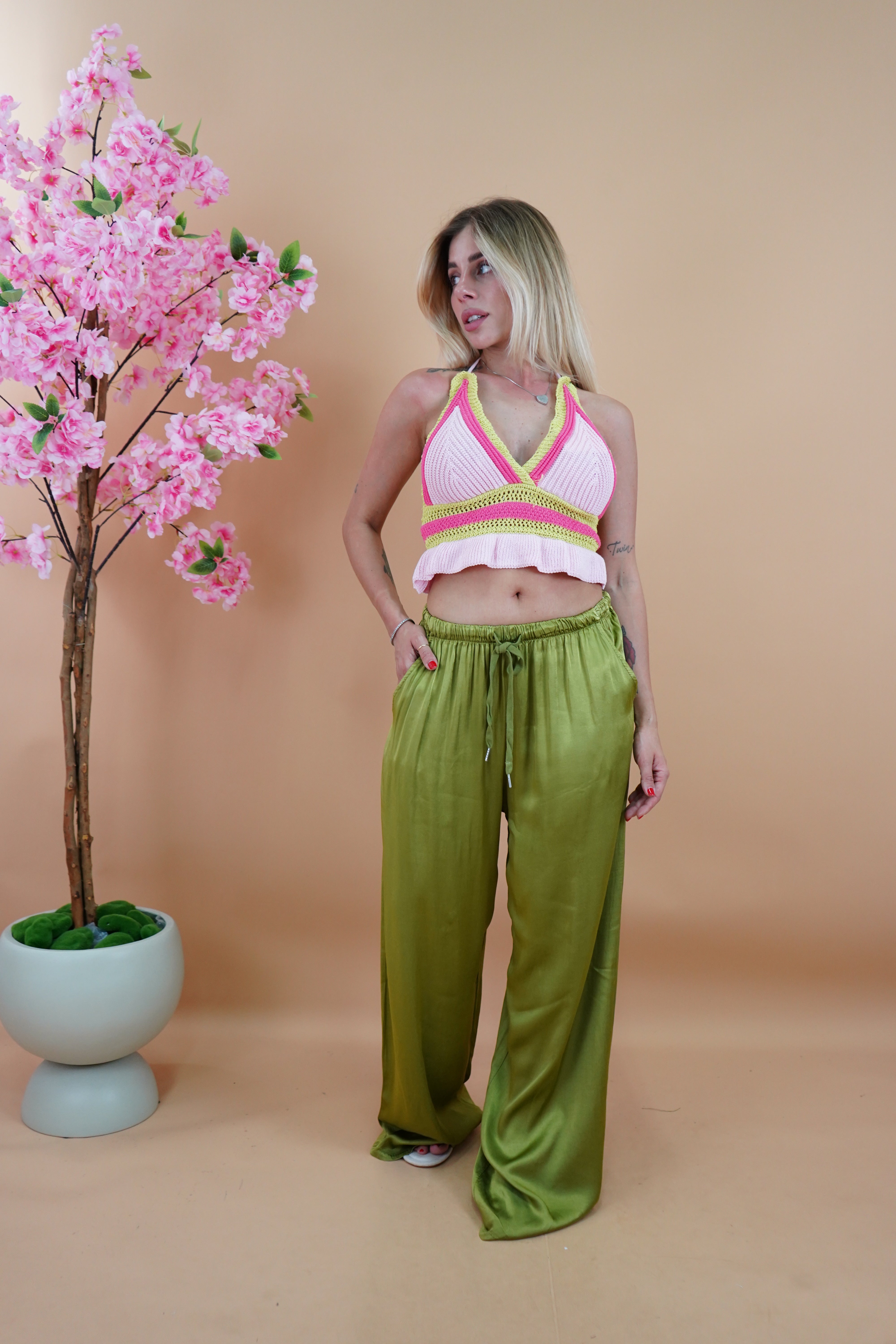 PANTALONE SATIN VERDE ACIDO