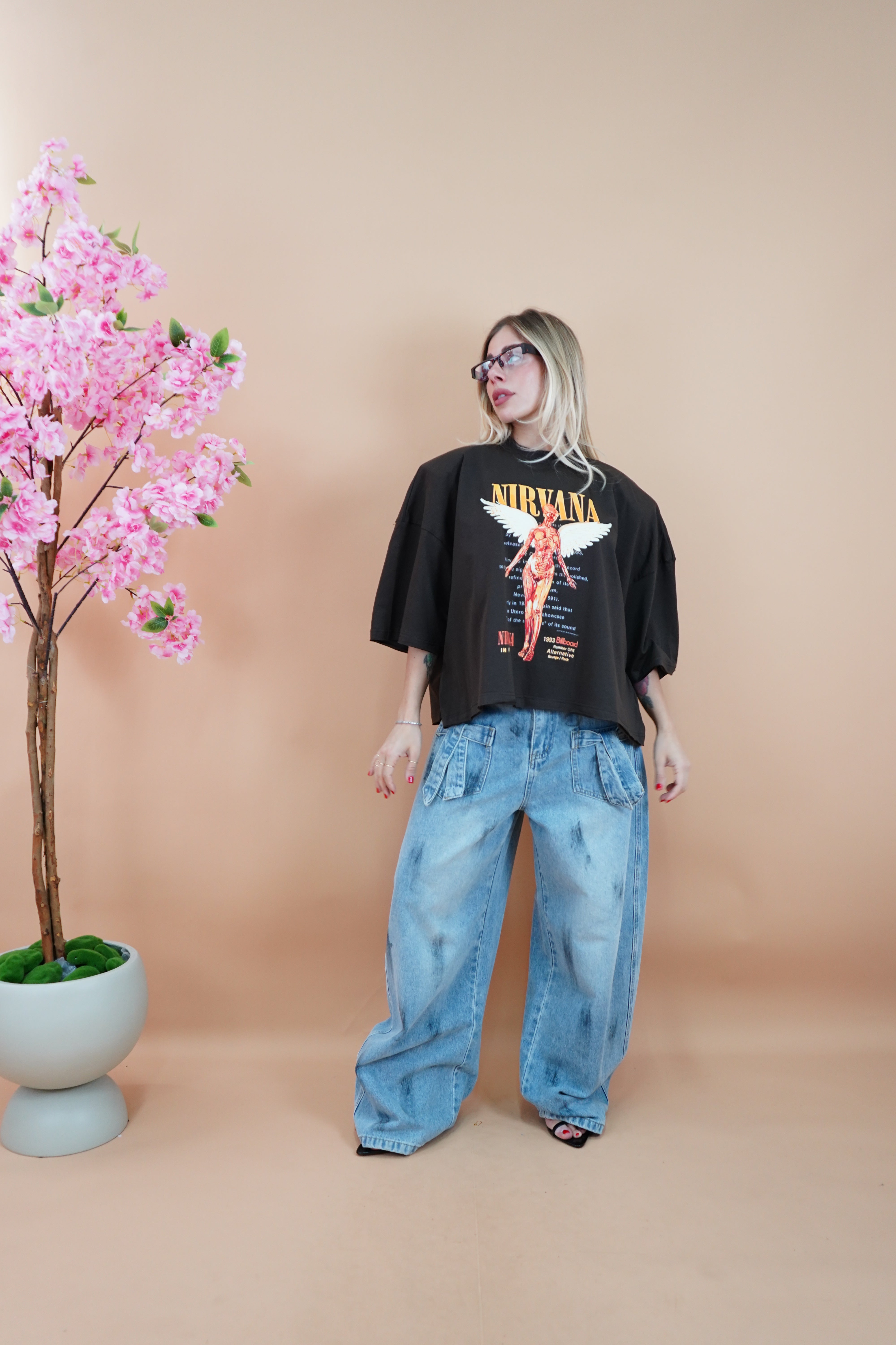 T-SHIRT ROCK BOXY NIRVANA MARRONE