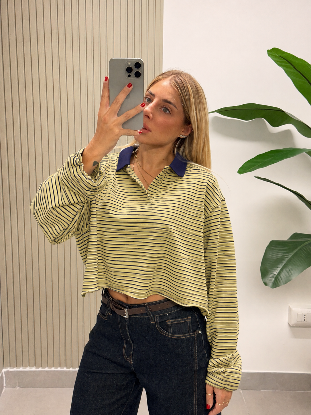 POLO CROP RIGHE LIME/BLU