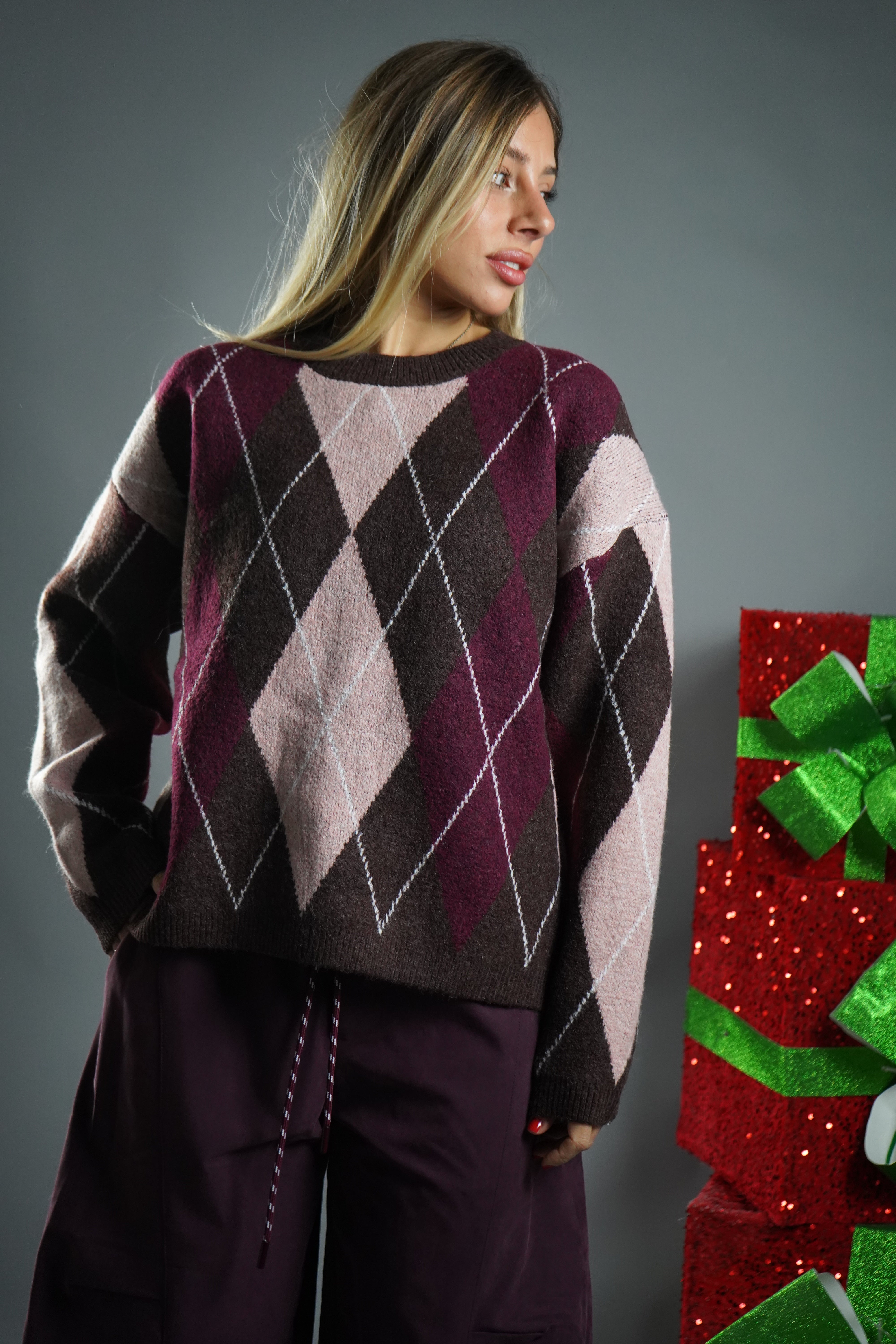 PULL SCACCHI MARRONE E ROSA