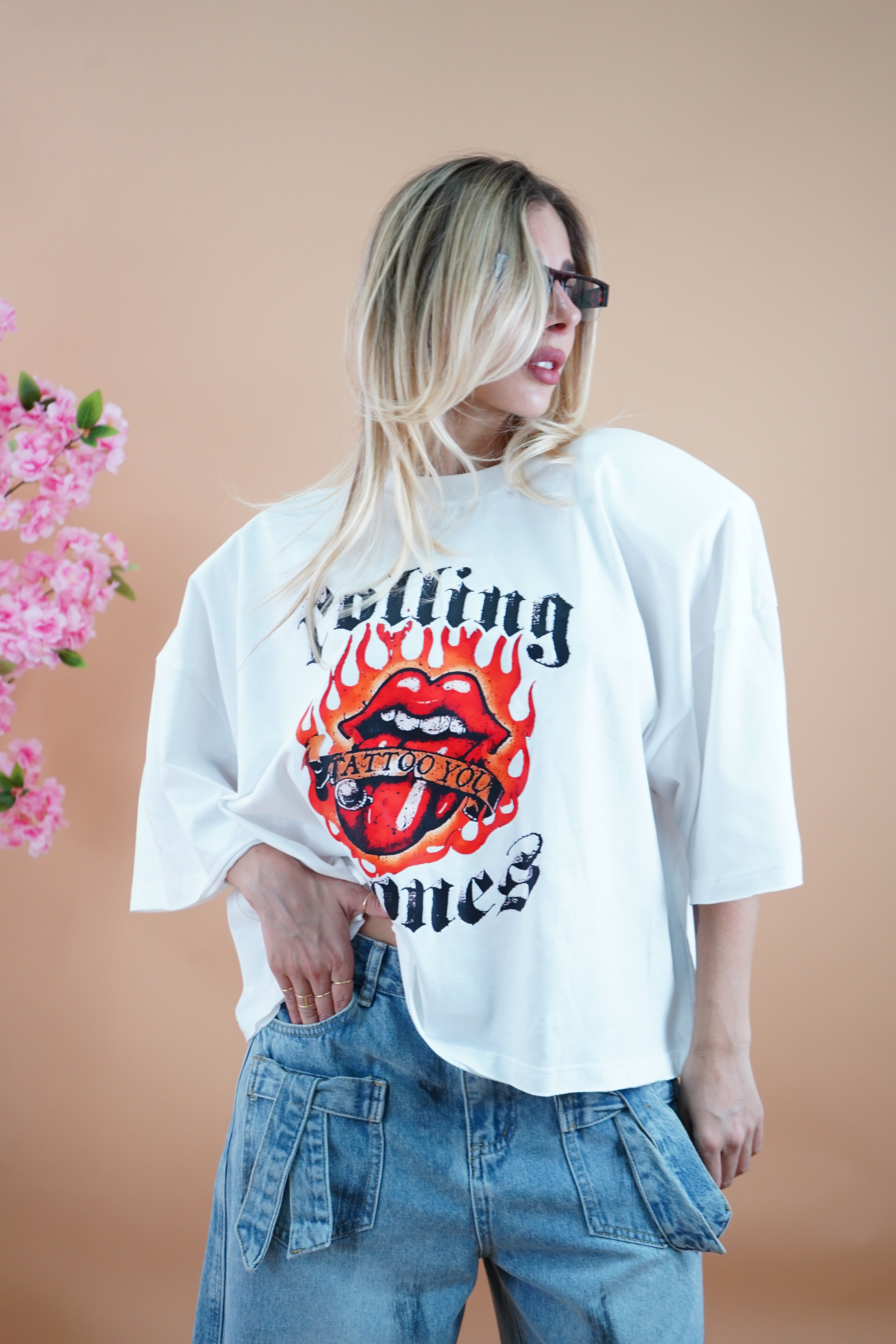 T-SHIRT ROCK BOXY ROLLING STONES BIANCA