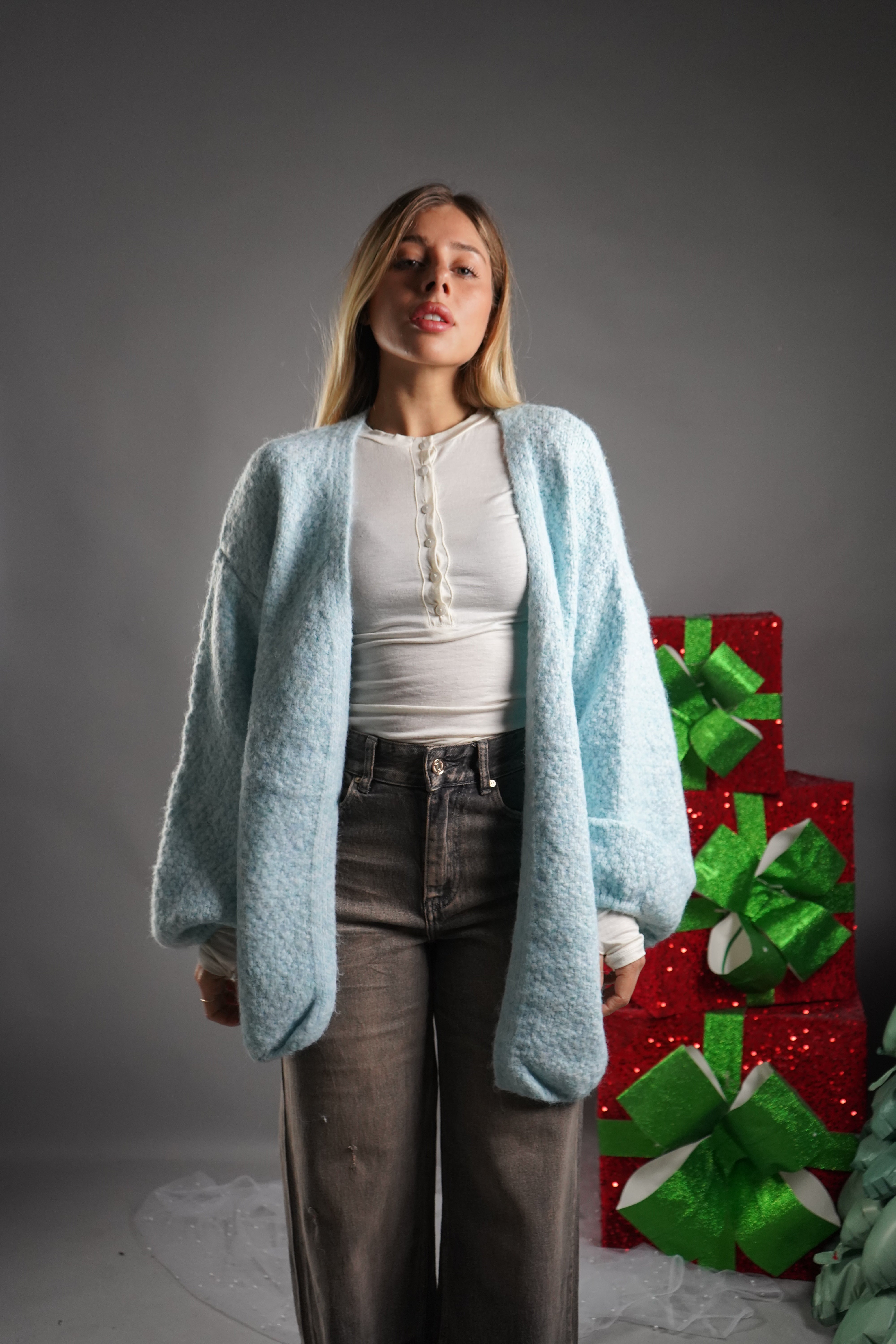 CARDIGAN MANICA A SBUFFO AZZURRO