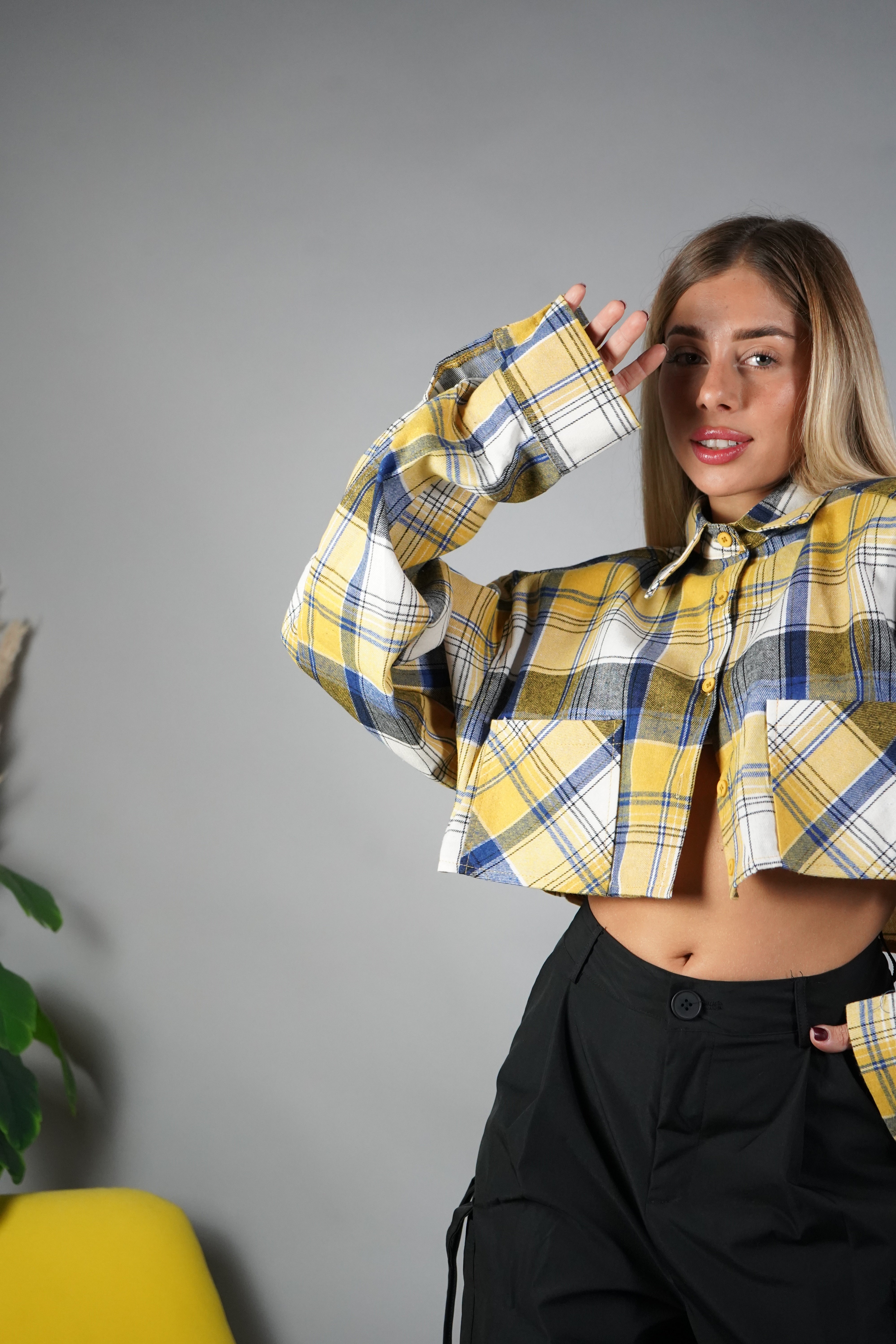 CAMICIA CROP FLANELLA QUADRI GIALLA