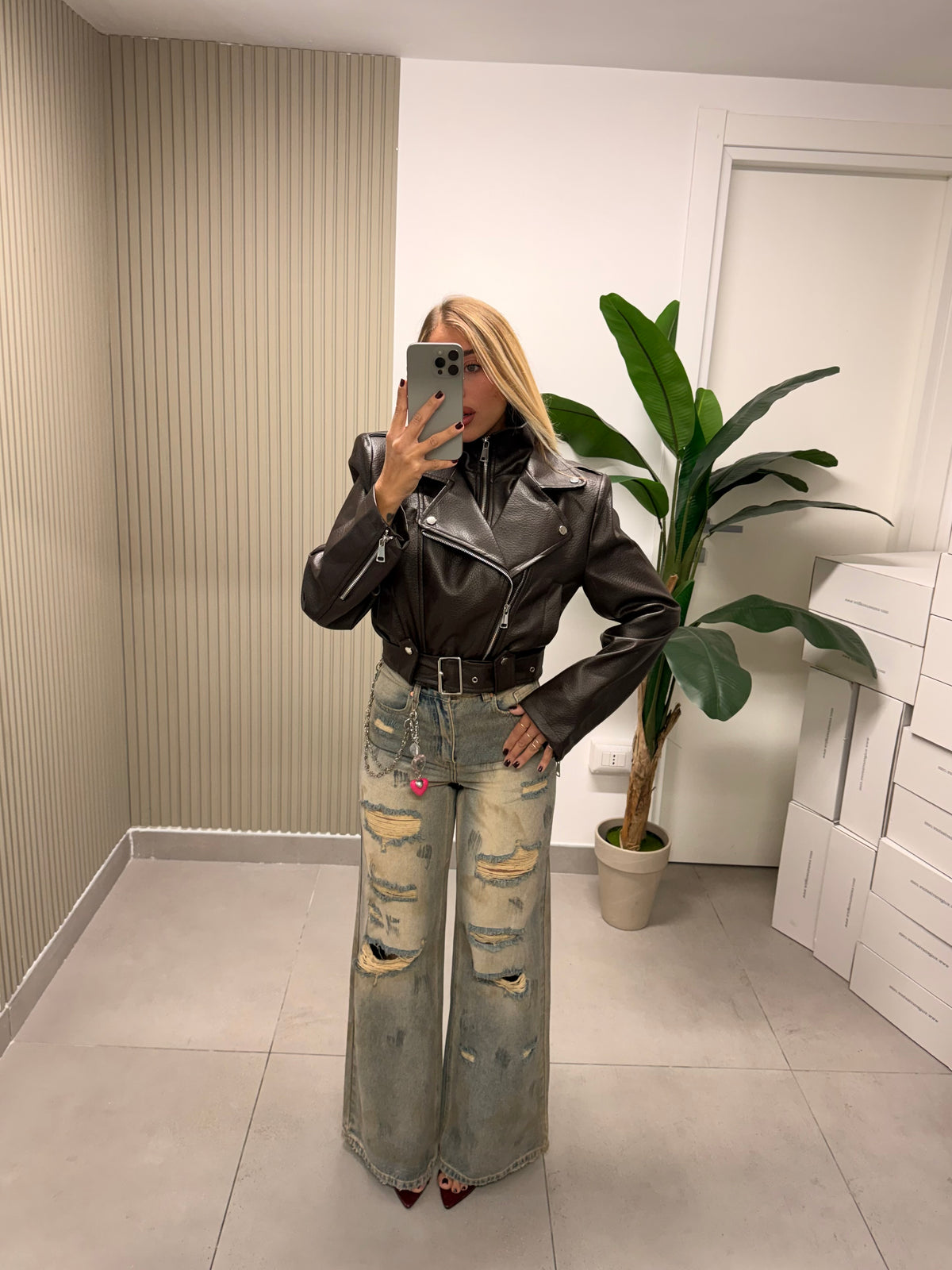 CHIODO ECOPELLE DOPPIA ZIP MARRONE