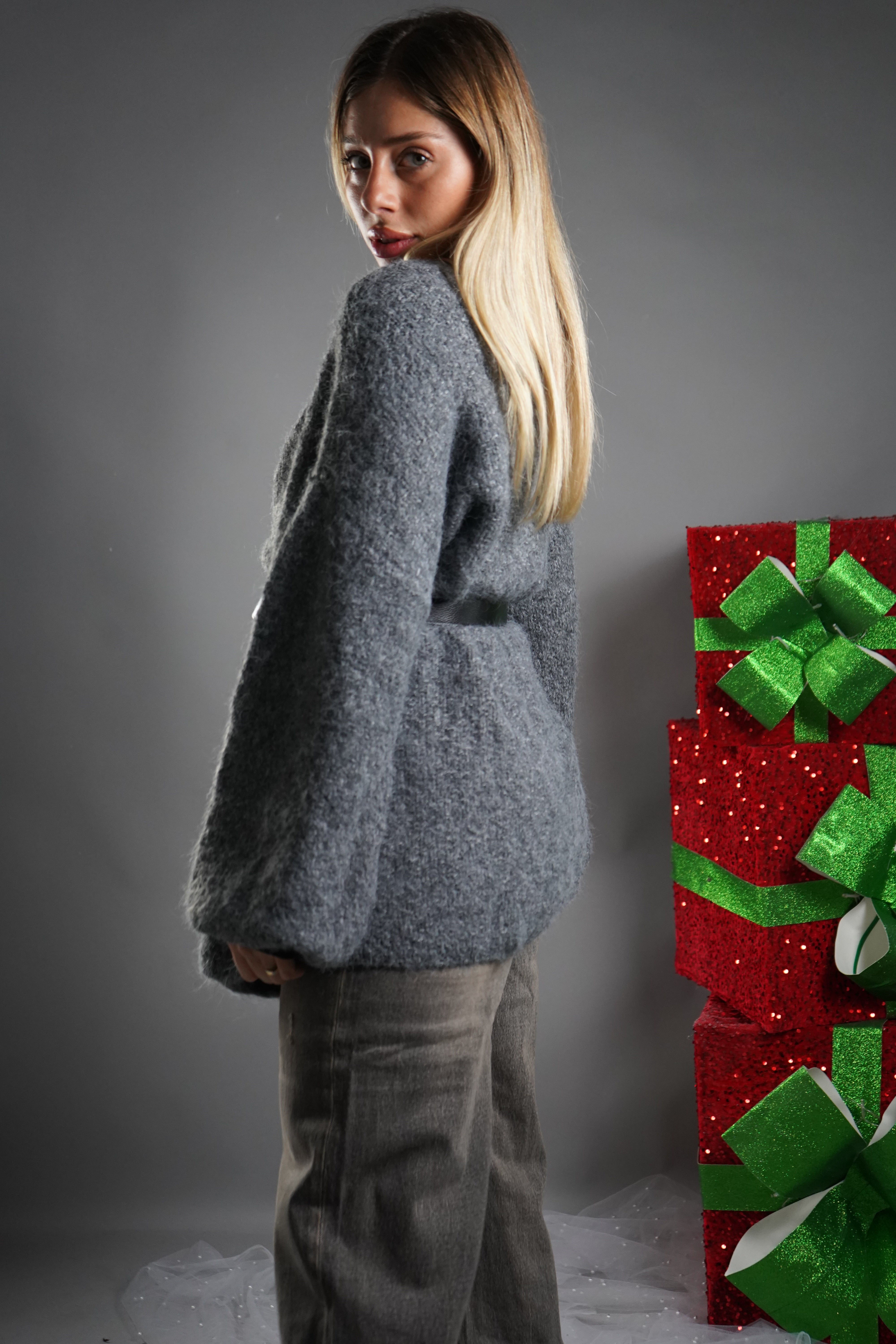 CARDIGAN MANICA A SBUFFO GRIGIO