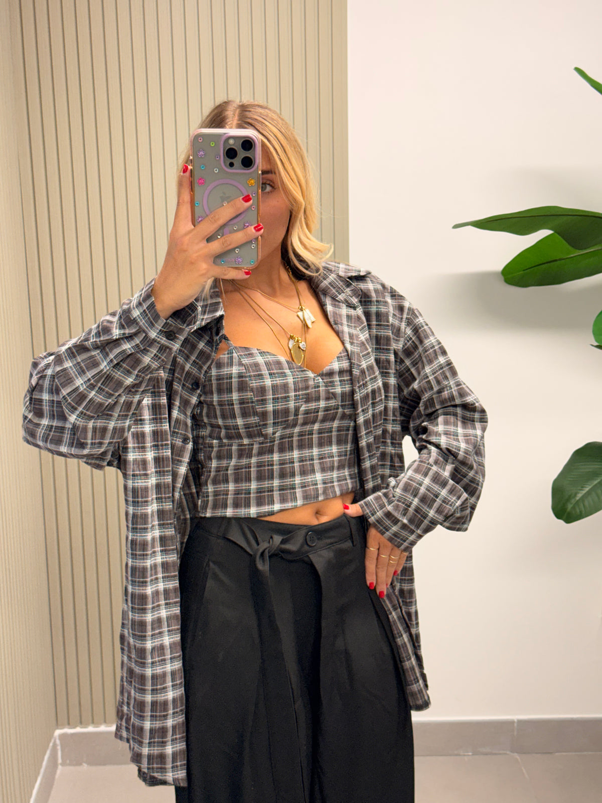 SET CAMICIA E TOP QUADRI MARRONE