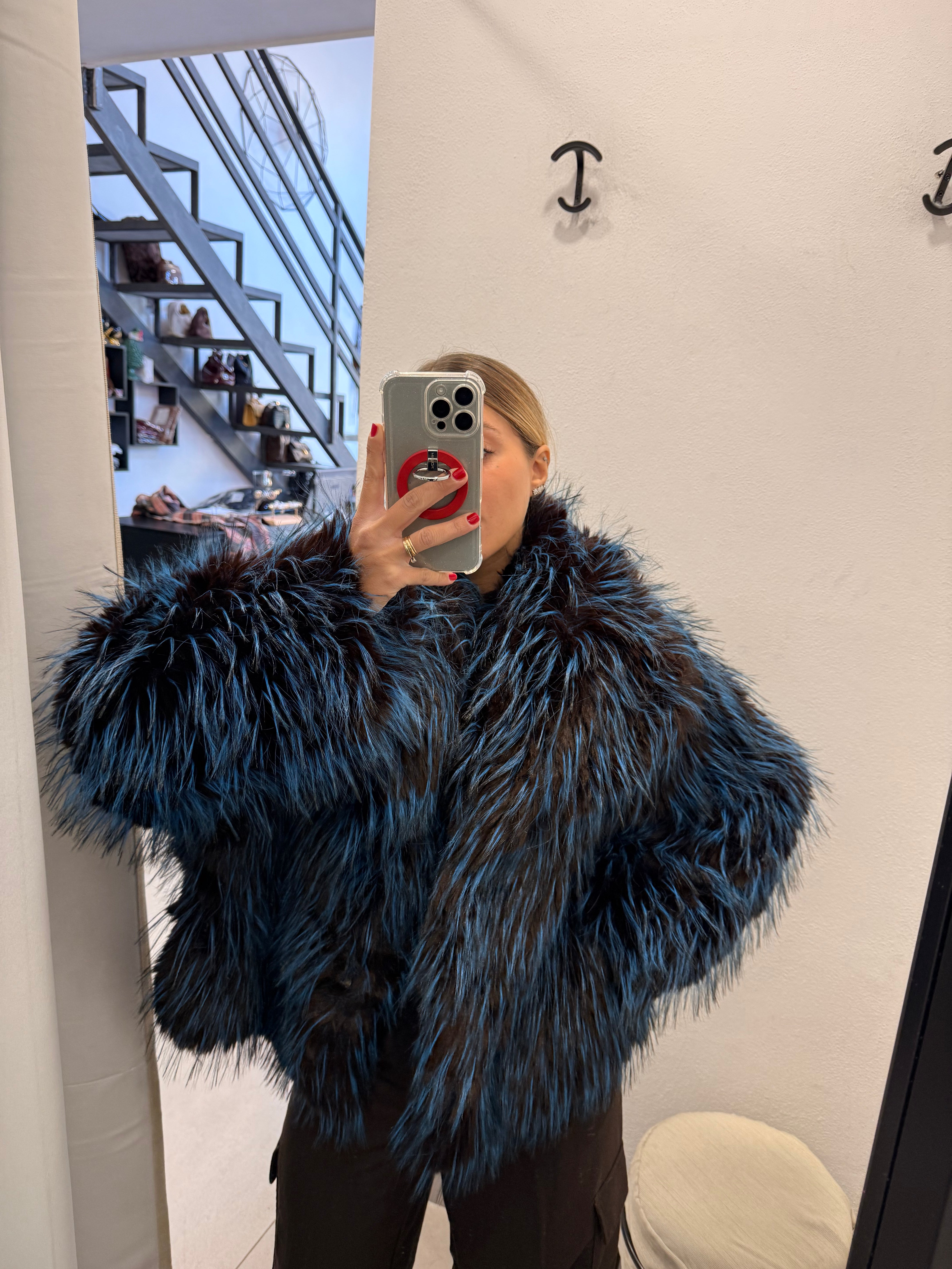 PELLICCIA BICOLOR AZZURRA E MARRONE