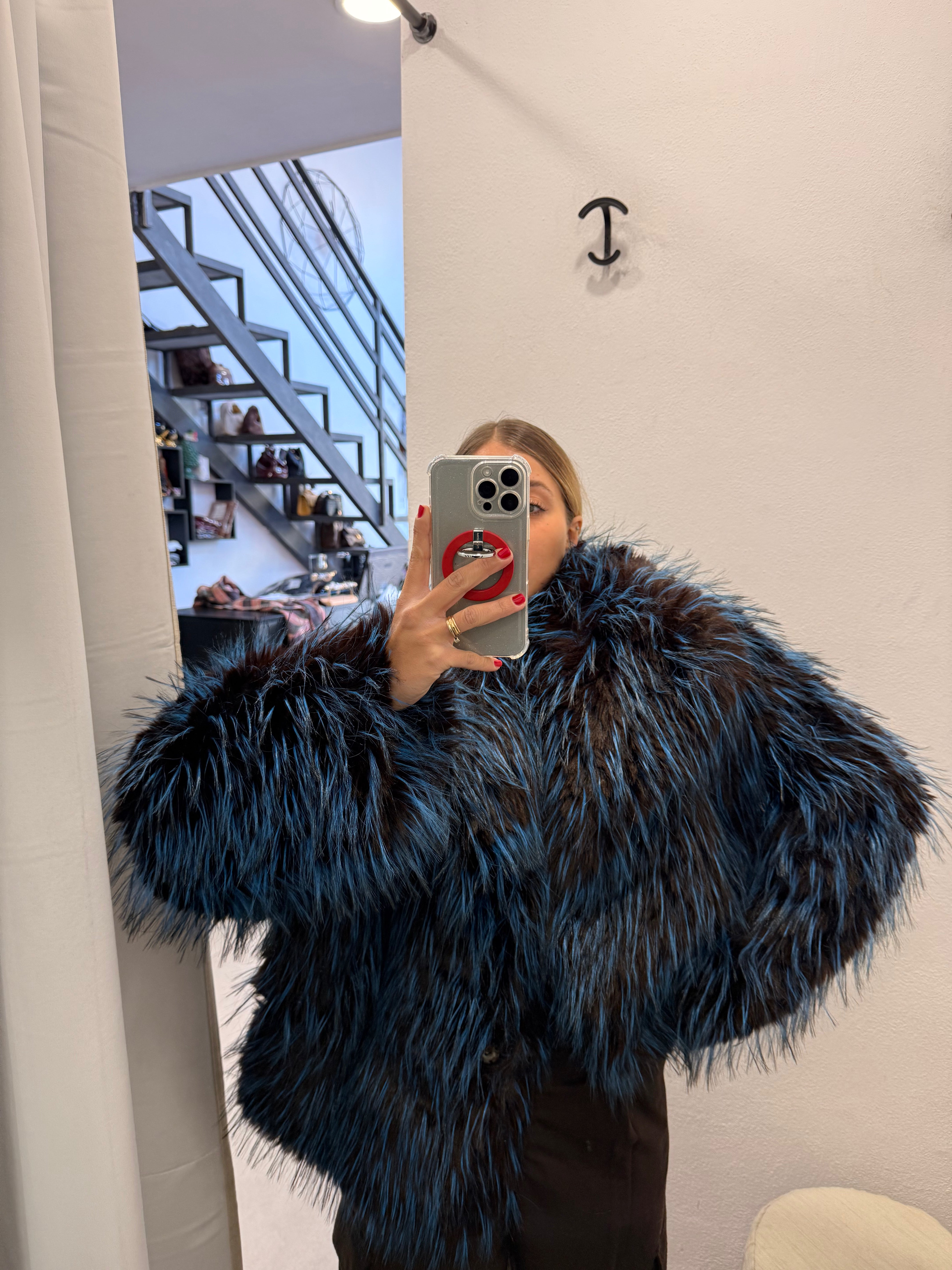 PELLICCIA BICOLOR AZZURRA E MARRONE