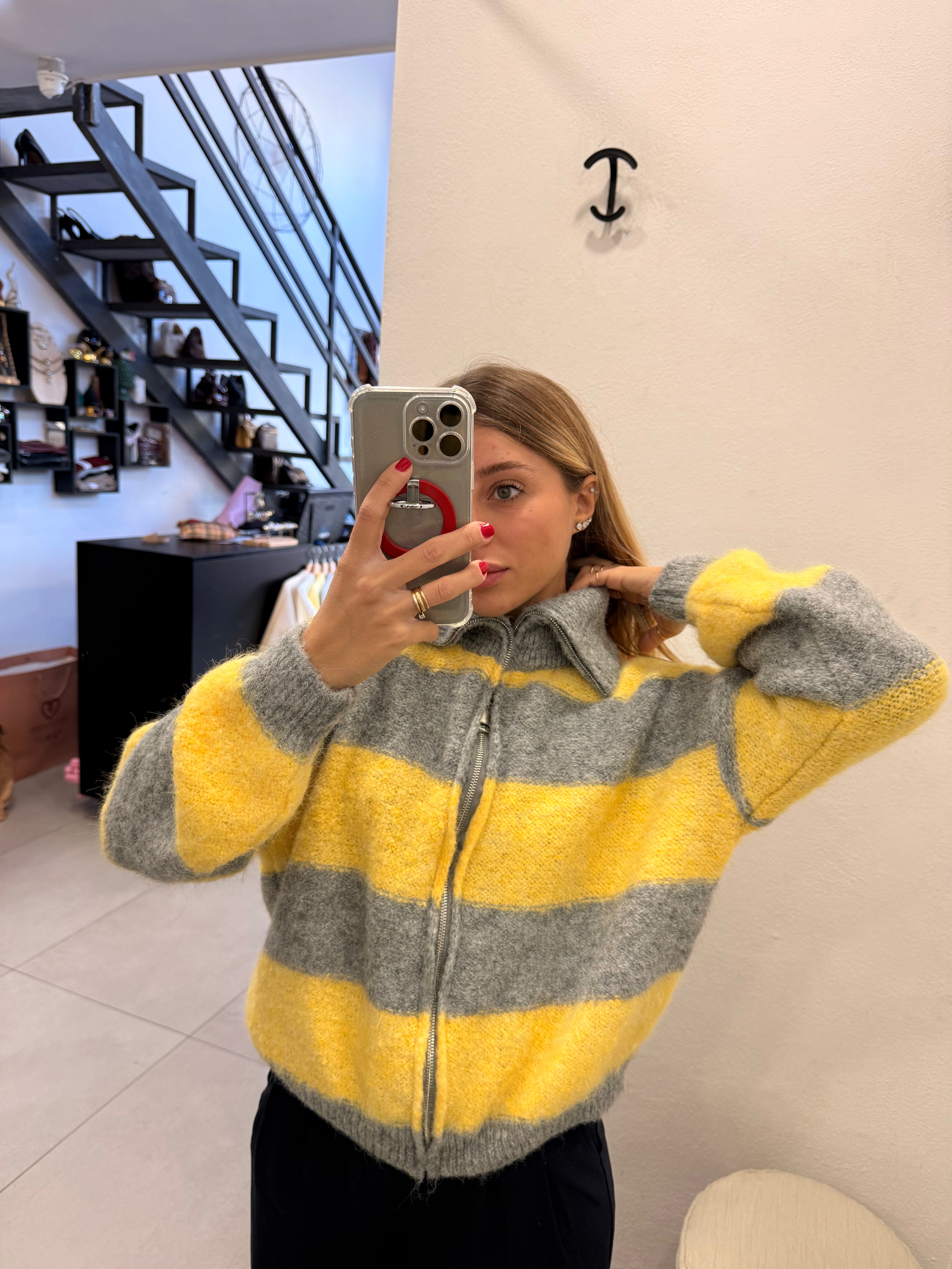 CARDIGAN RIGHE GIALLO E GRIGIO
