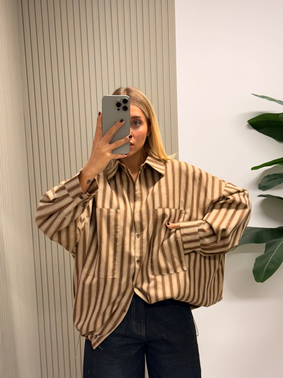 CAMICIA RIGHE CON COULISSE ARRICCIATA MARRONE