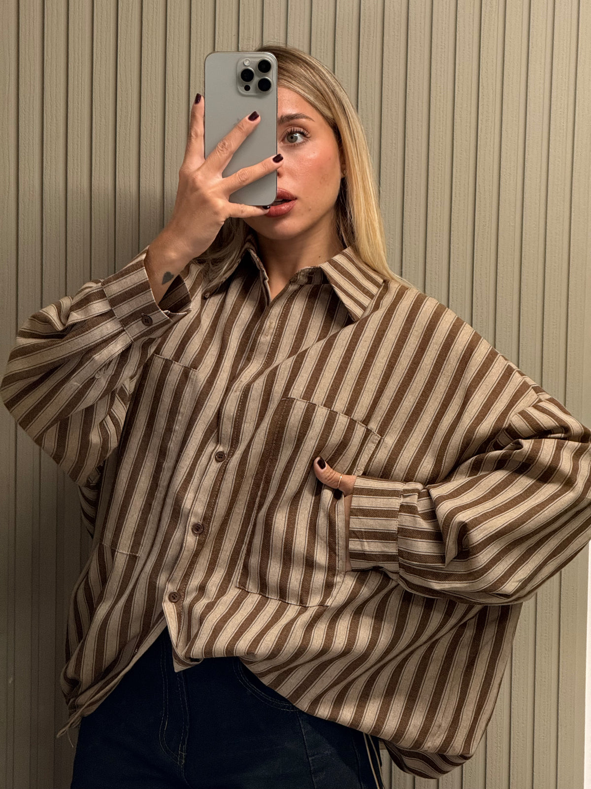 CAMICIA RIGHE CON COULISSE ARRICCIATA MARRONE