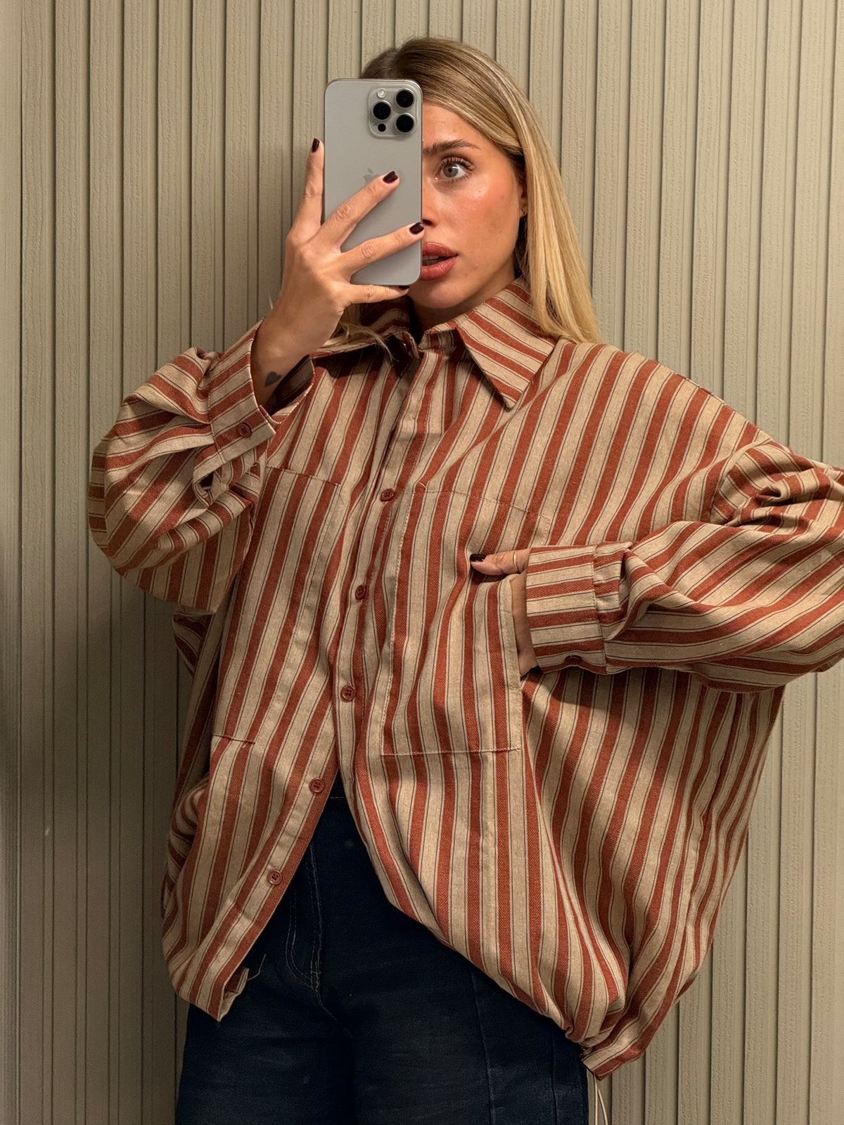 CAMICIA RIGHE CON COULISSE ARRICCIATA RUGGINE