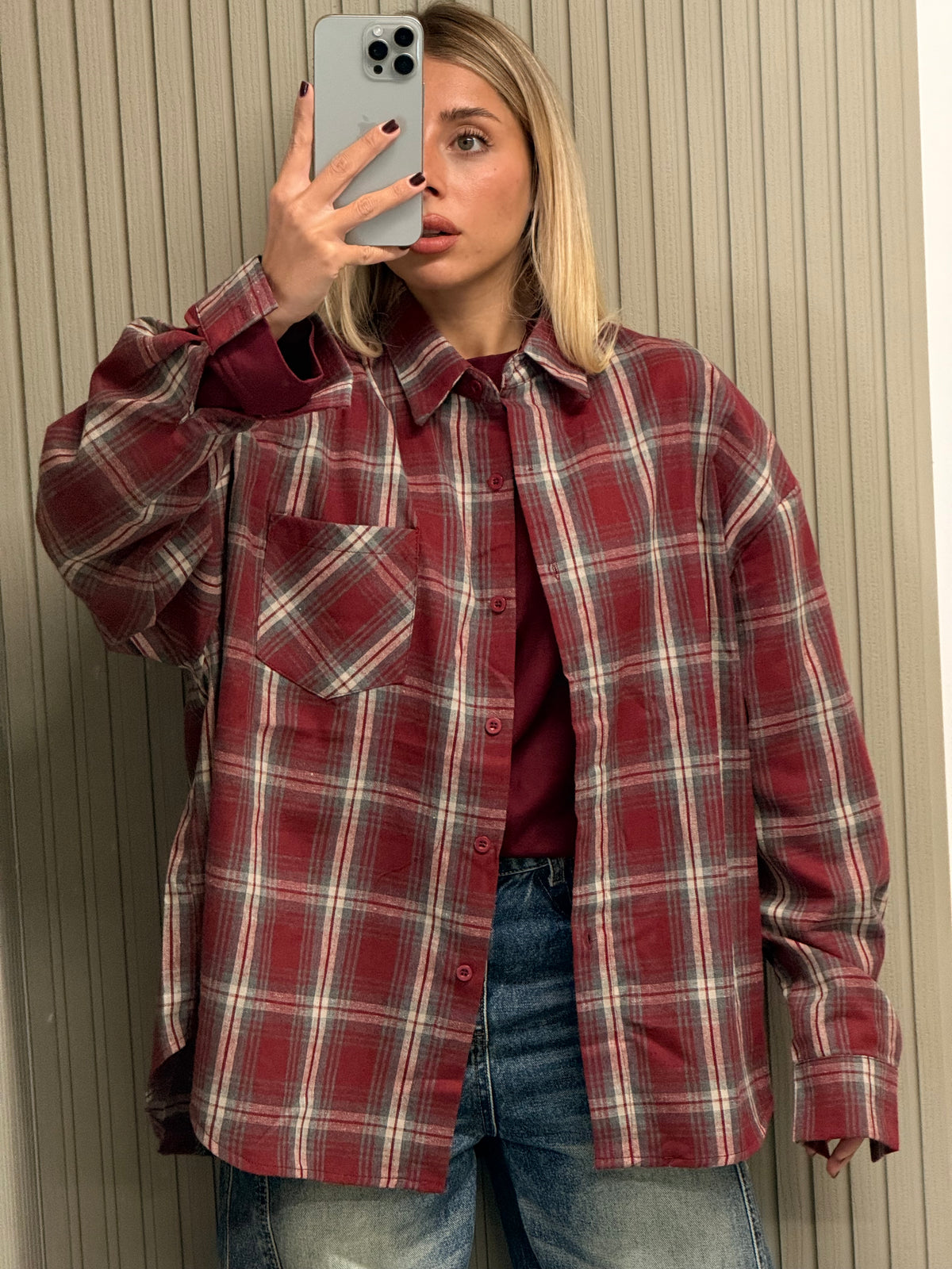 CAMICIA QUADRI OVERSIZE BORDEAUX