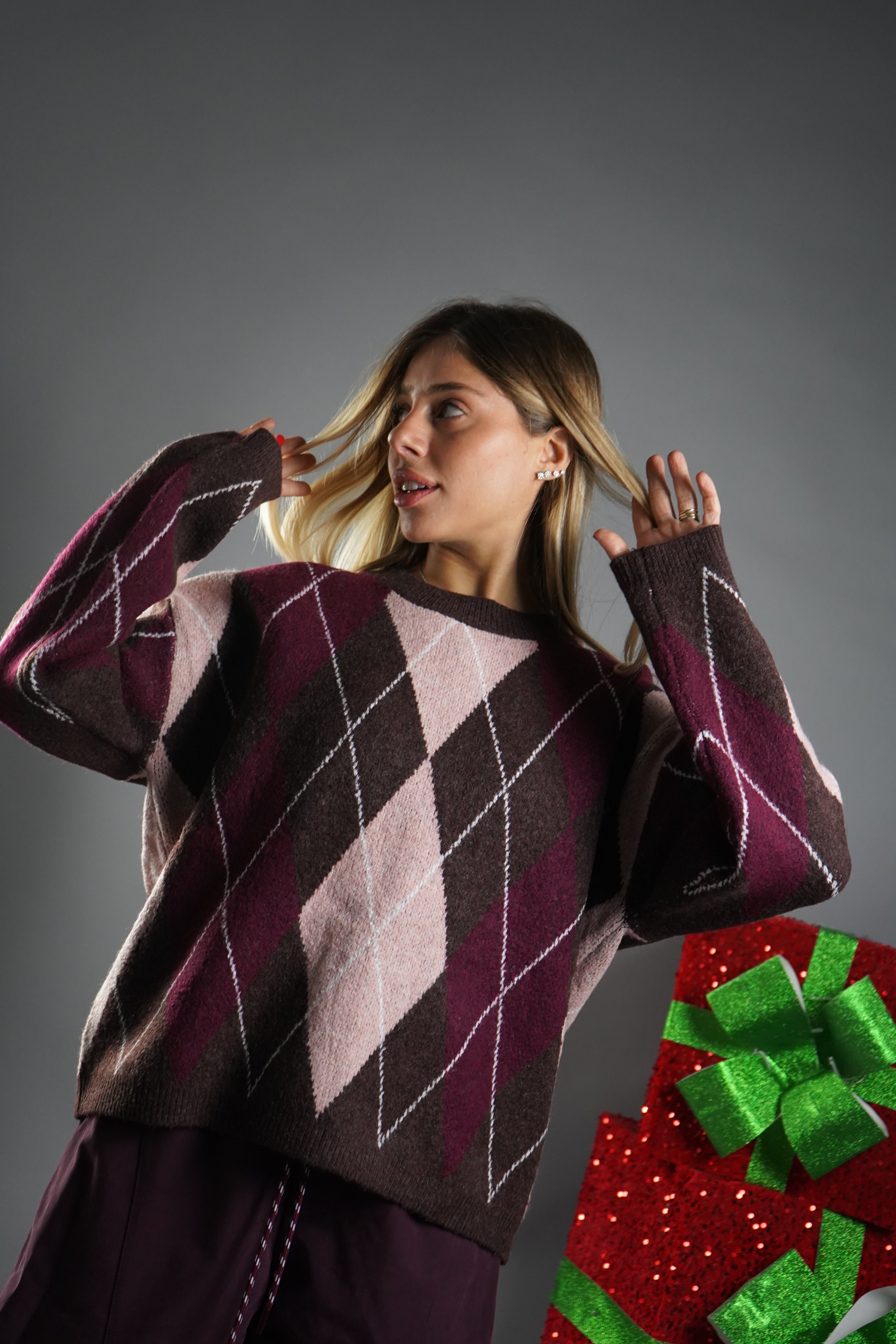 PULL SCACCHI MARRONE E ROSA