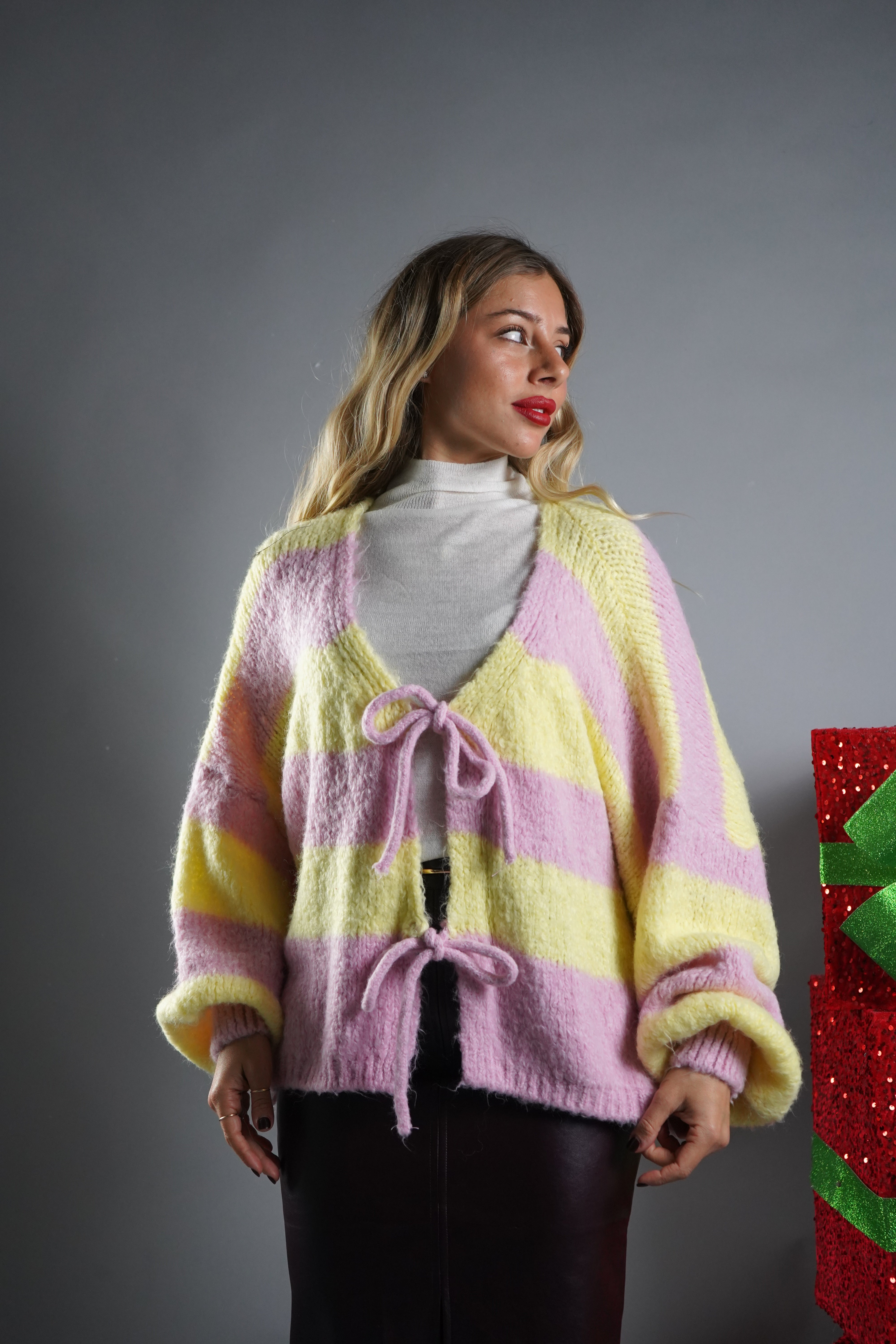 CARDIGAN FIOCCO ROSA E GIALLO