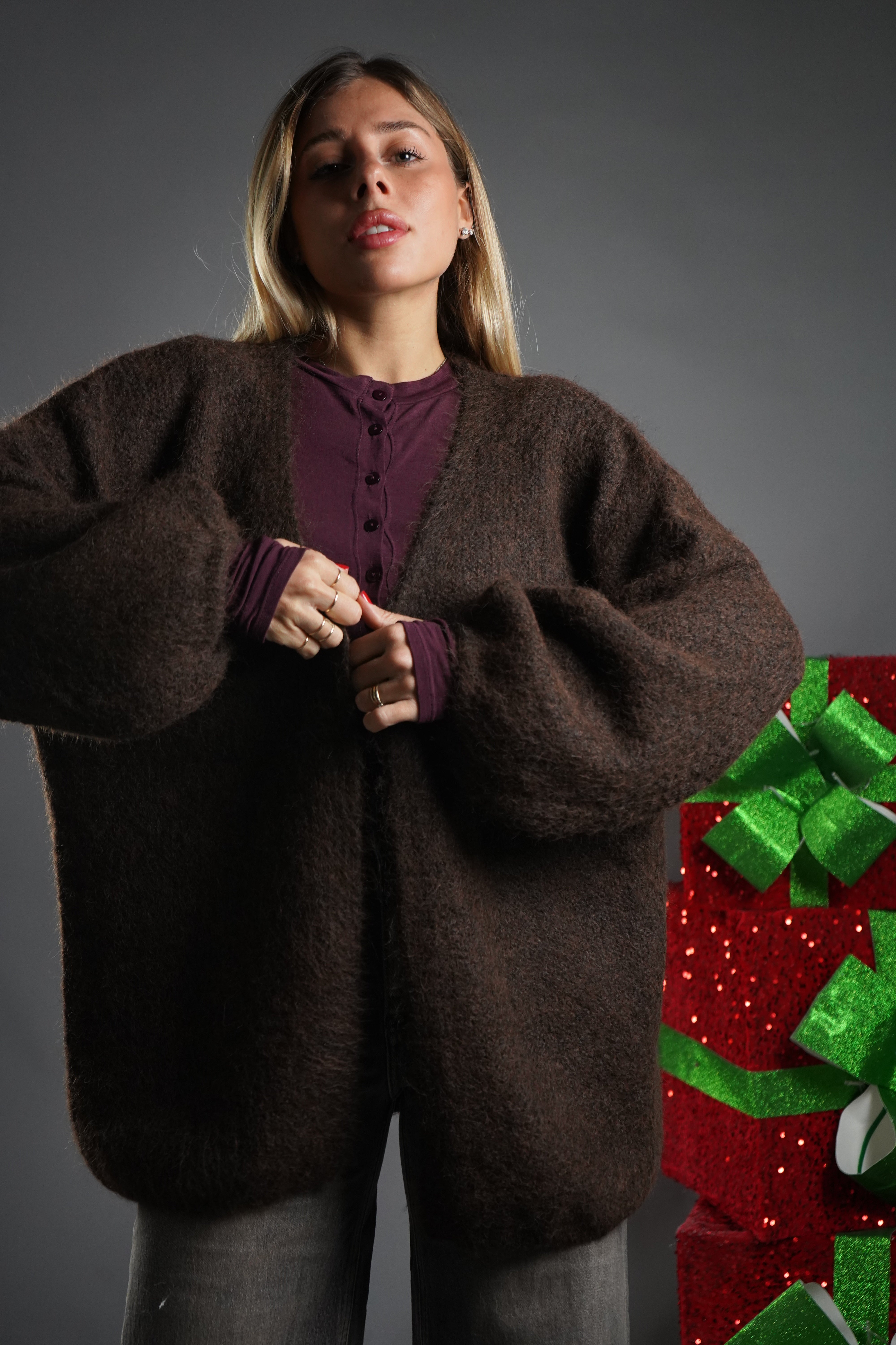 CARDIGAN MANICA A SBUFFO MARRONE