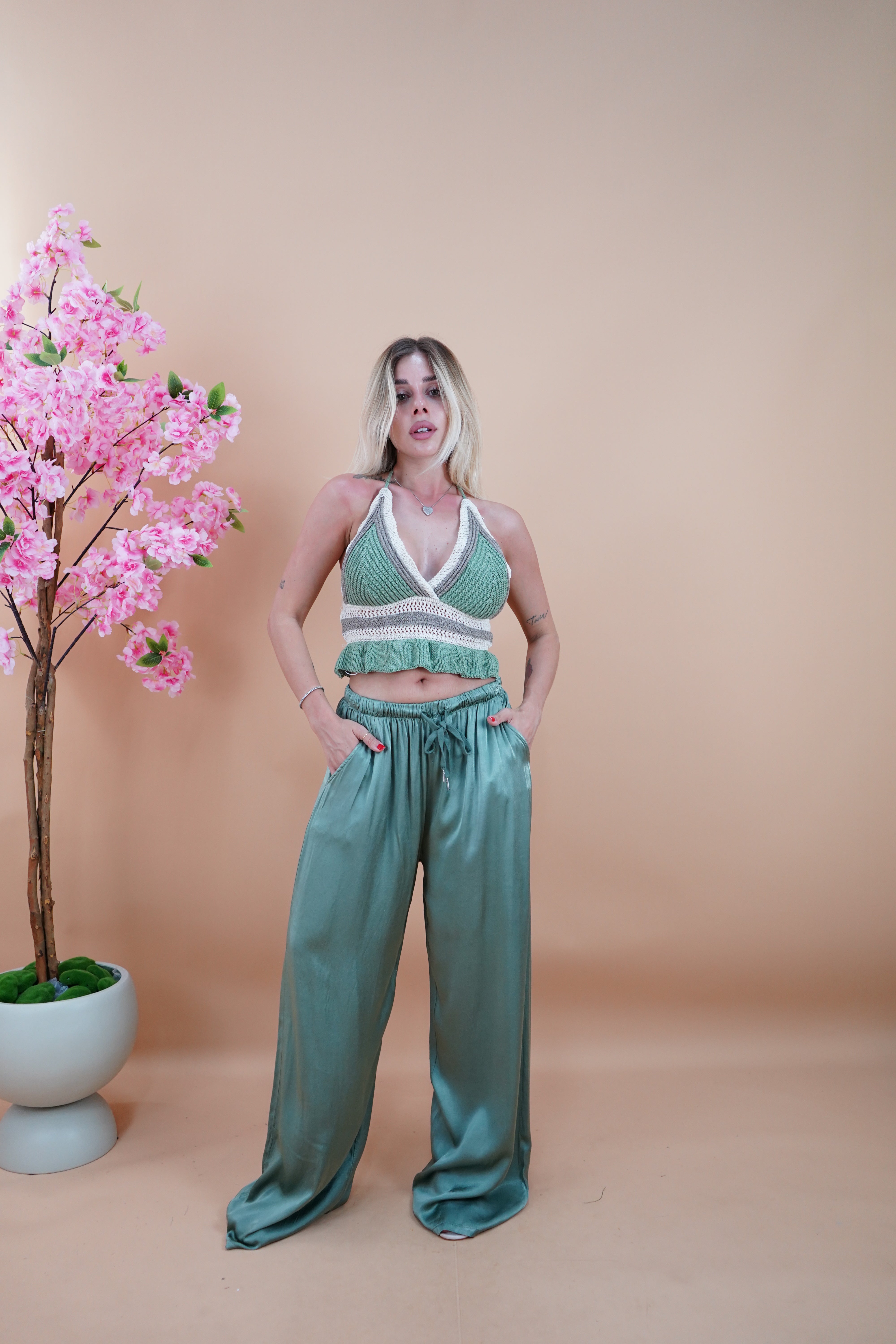 PANTALONE SATIN VERDE SALVIA