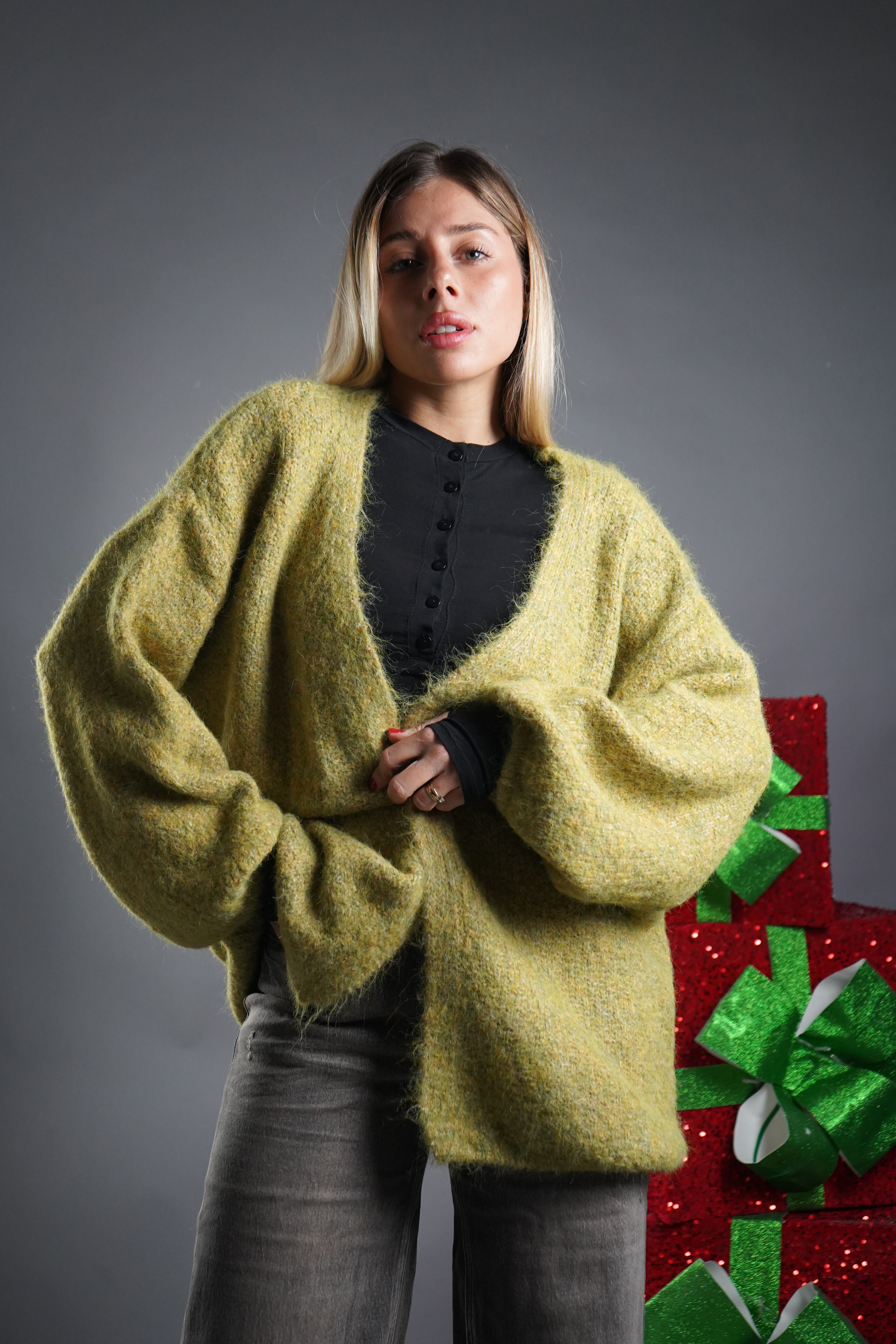 CARDIGAN MANICA A SBUFFO VERDE LIME