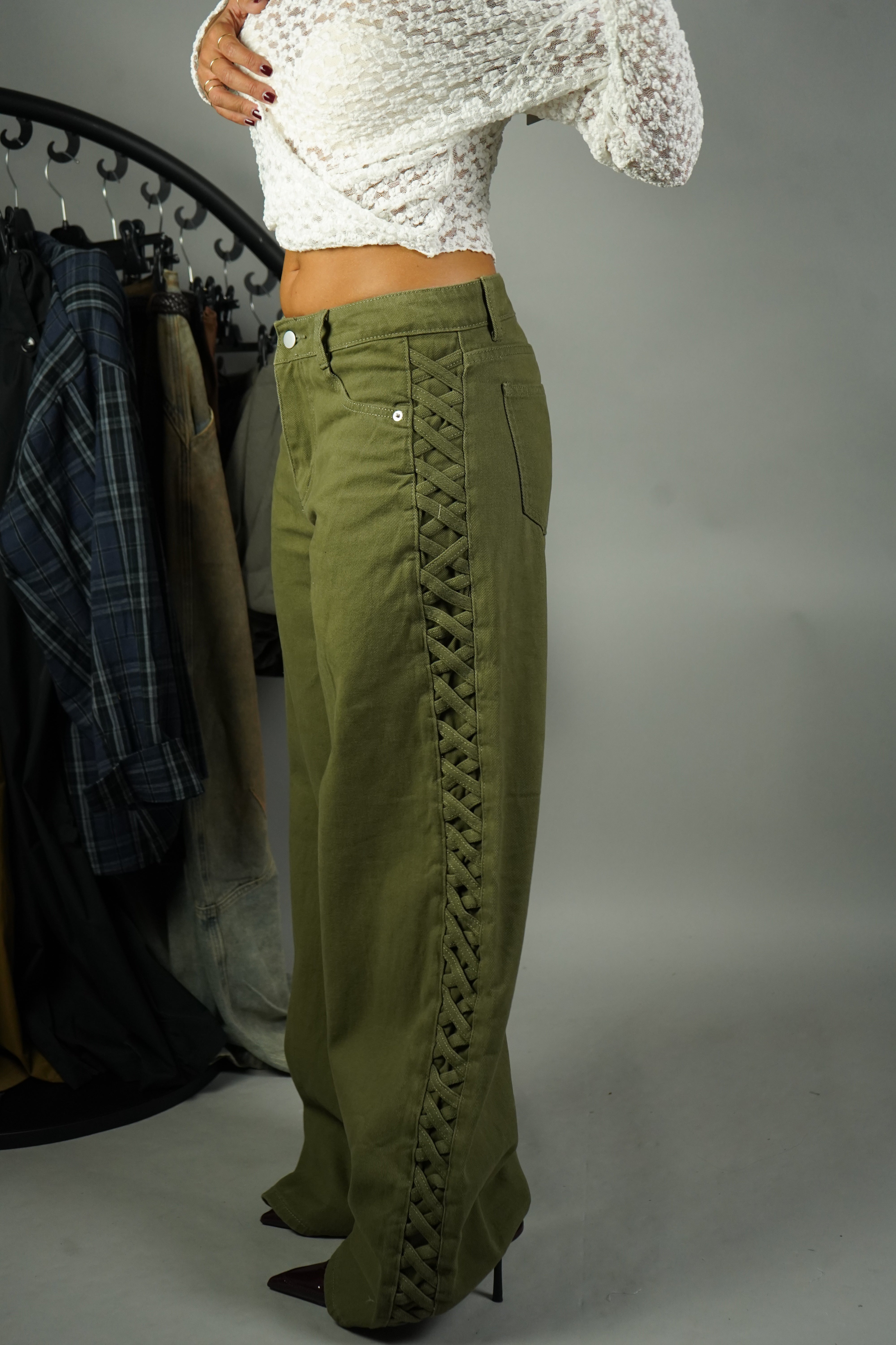 JEANS PALAZZO TRECCE VERDE