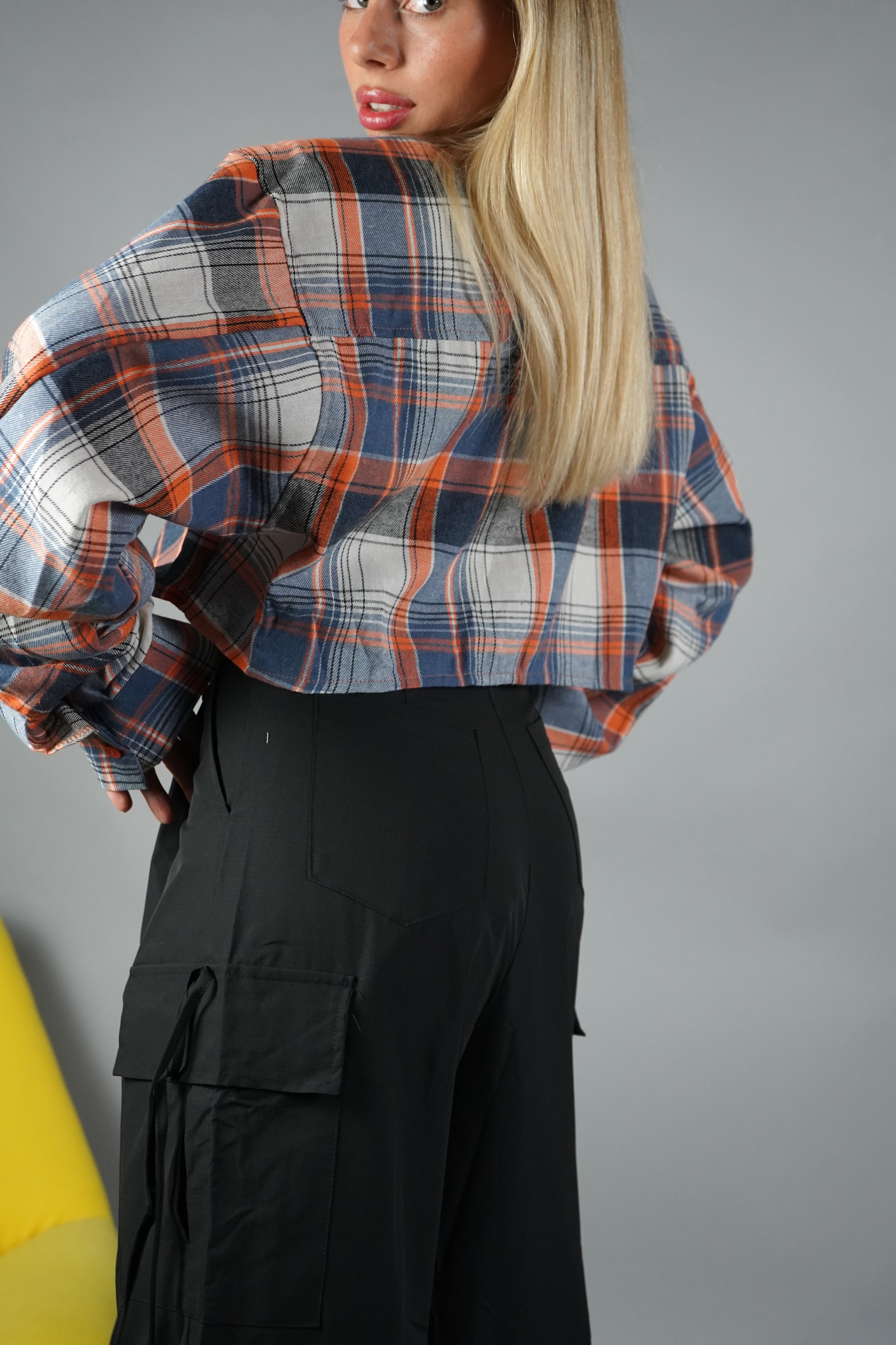 CAMICIA CROP FLANELLA QUADRI ARANCIONE