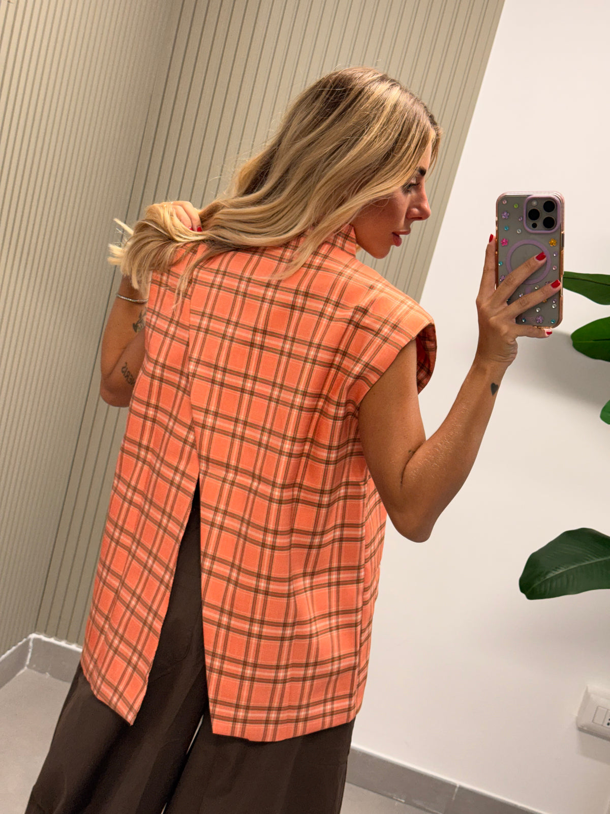 GILET QUADRI SALMONE