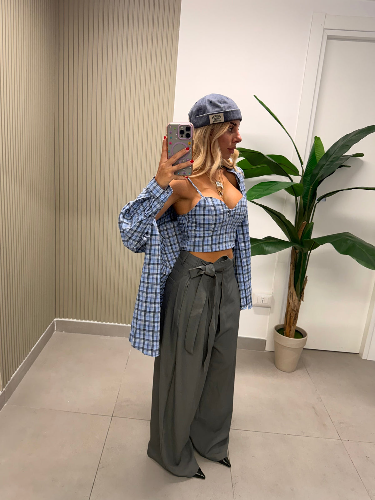 SET CAMICIA E TOP QUADRI AZZURRO