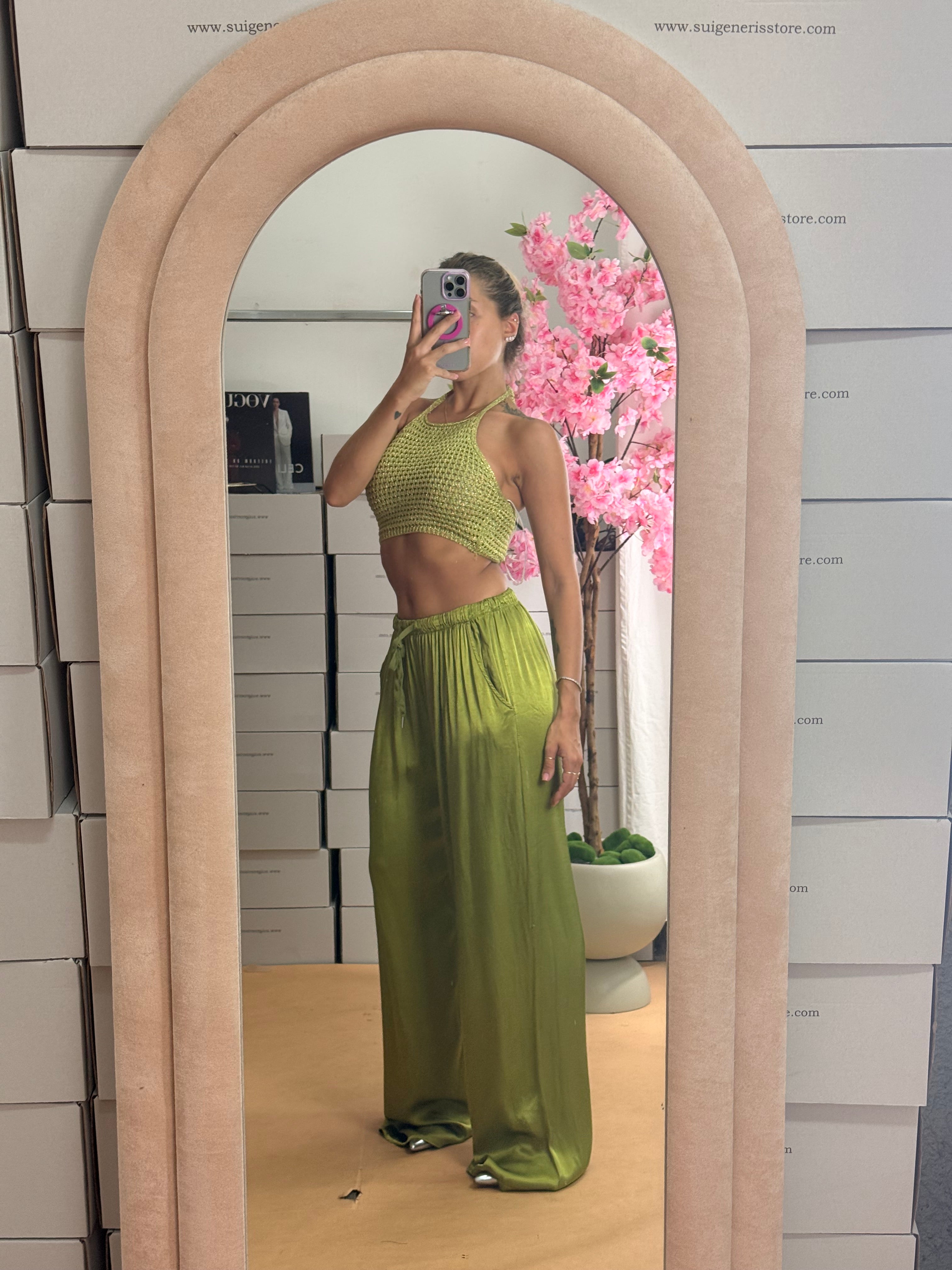 PANTALONE SATIN VERDE ACIDO