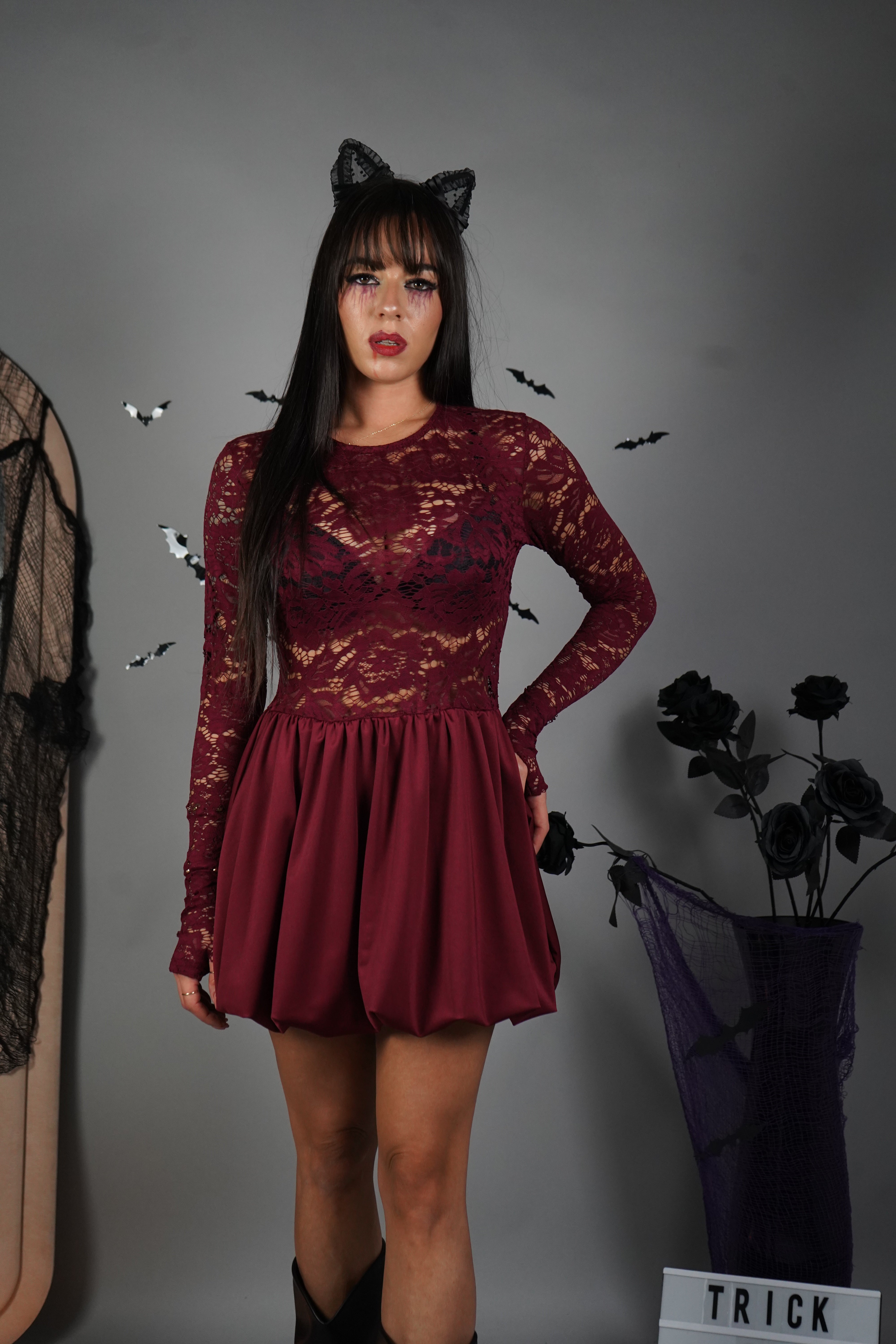 MINI DRESS BALLON PIZZO BORDEAUX