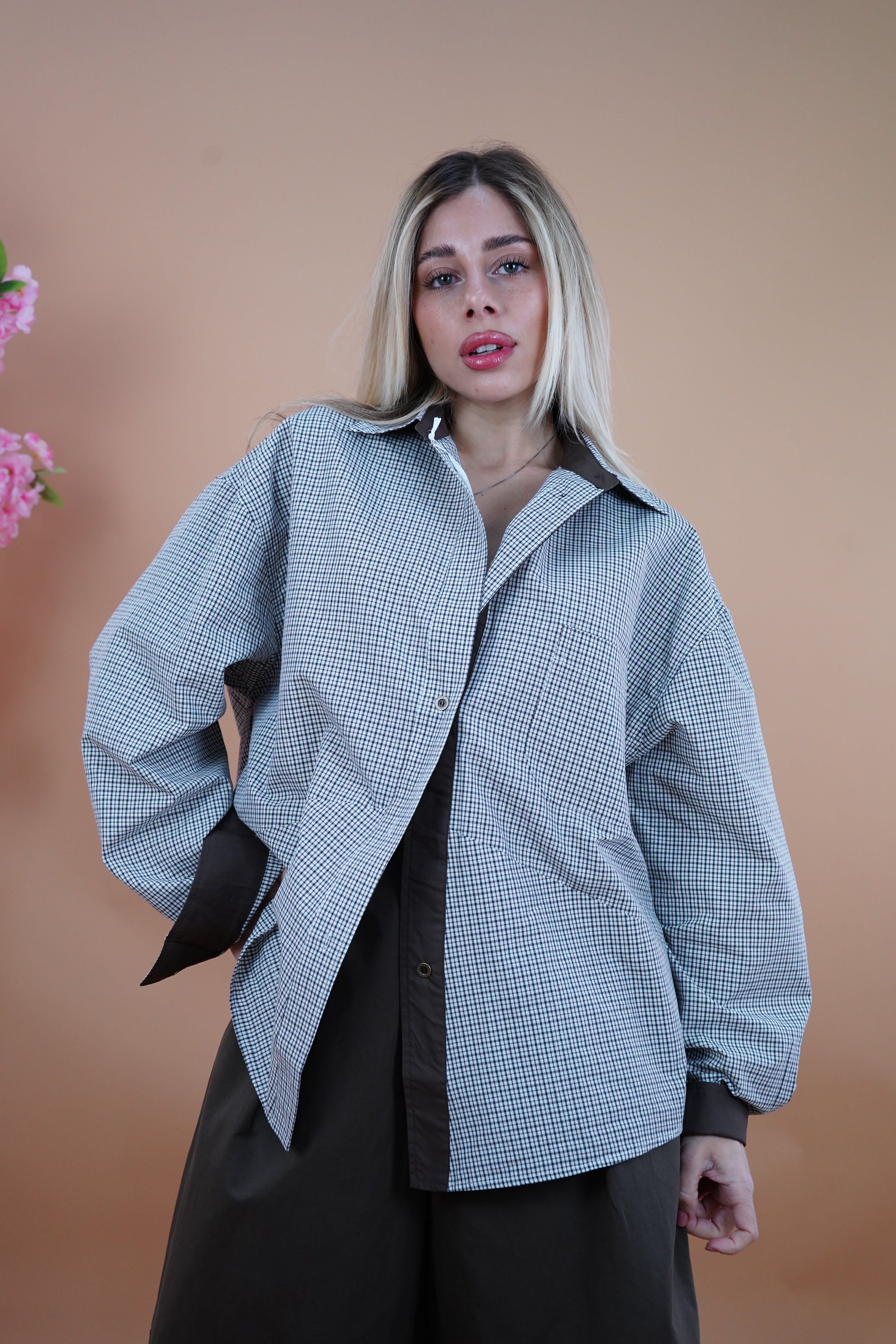 CAMICIA QUADRI PANNA RIVOLTO MARRONE