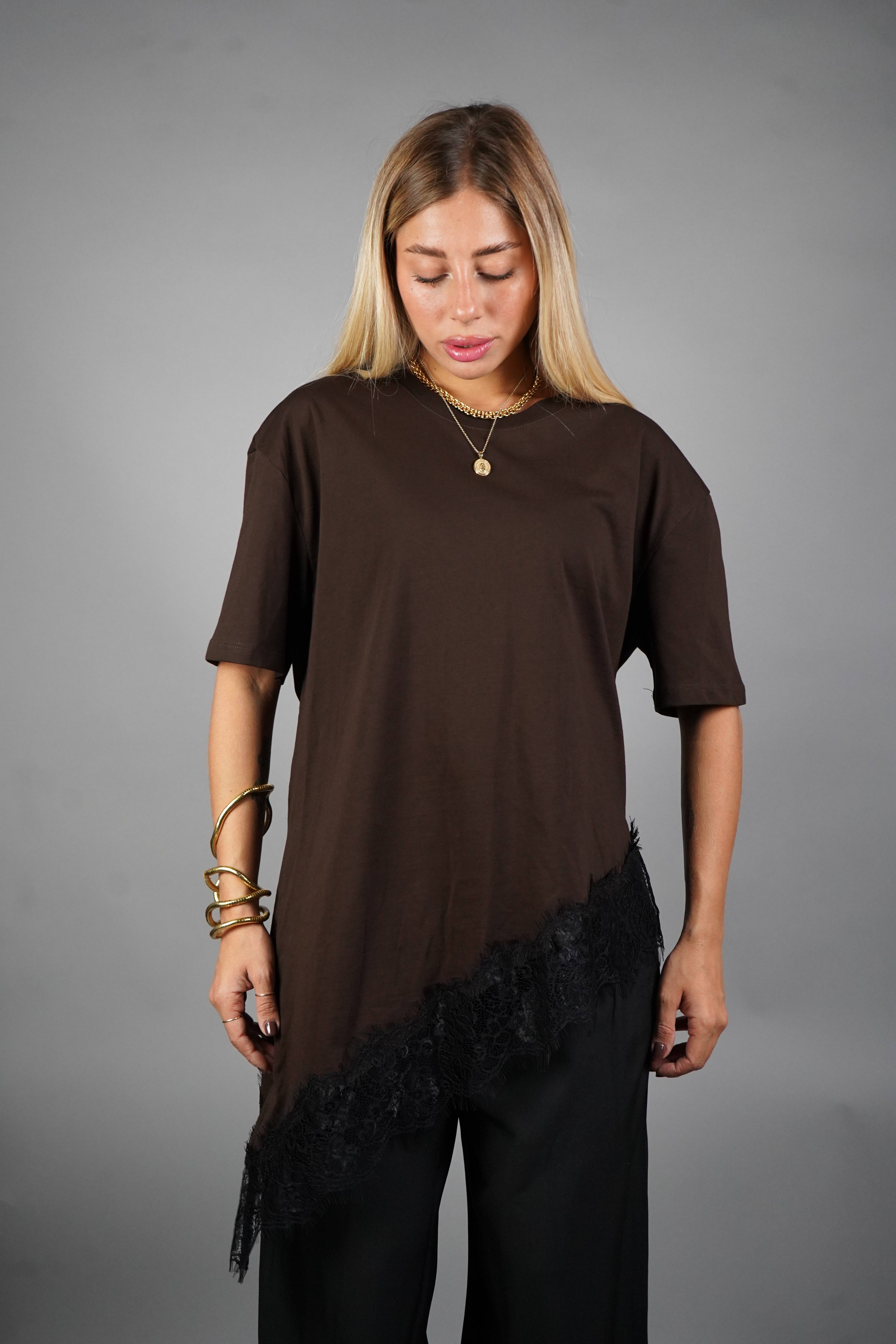 T-SHIRT PIZZO MARRONE LUMINA