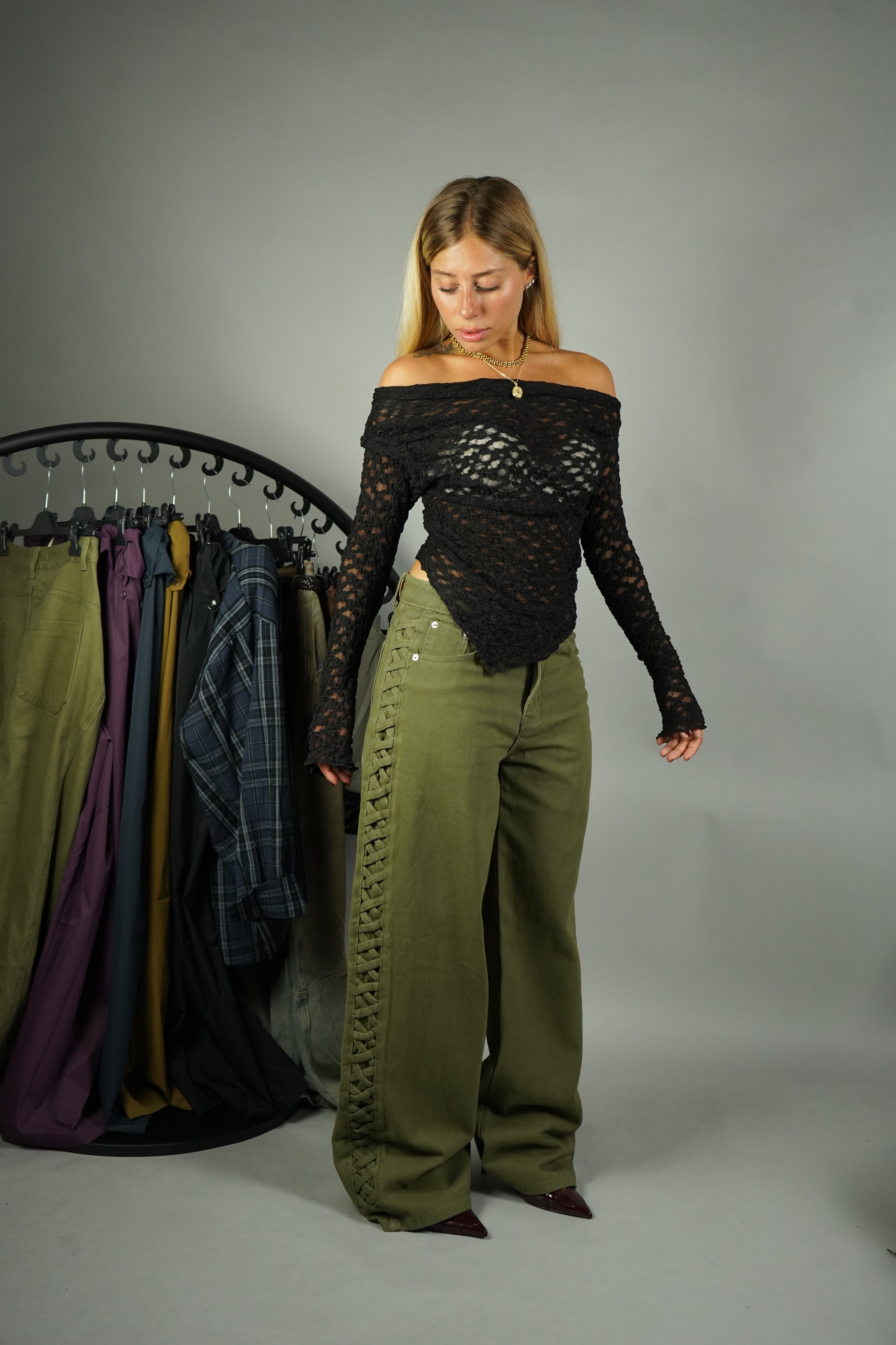 JEANS PALAZZO TRECCE VERDE